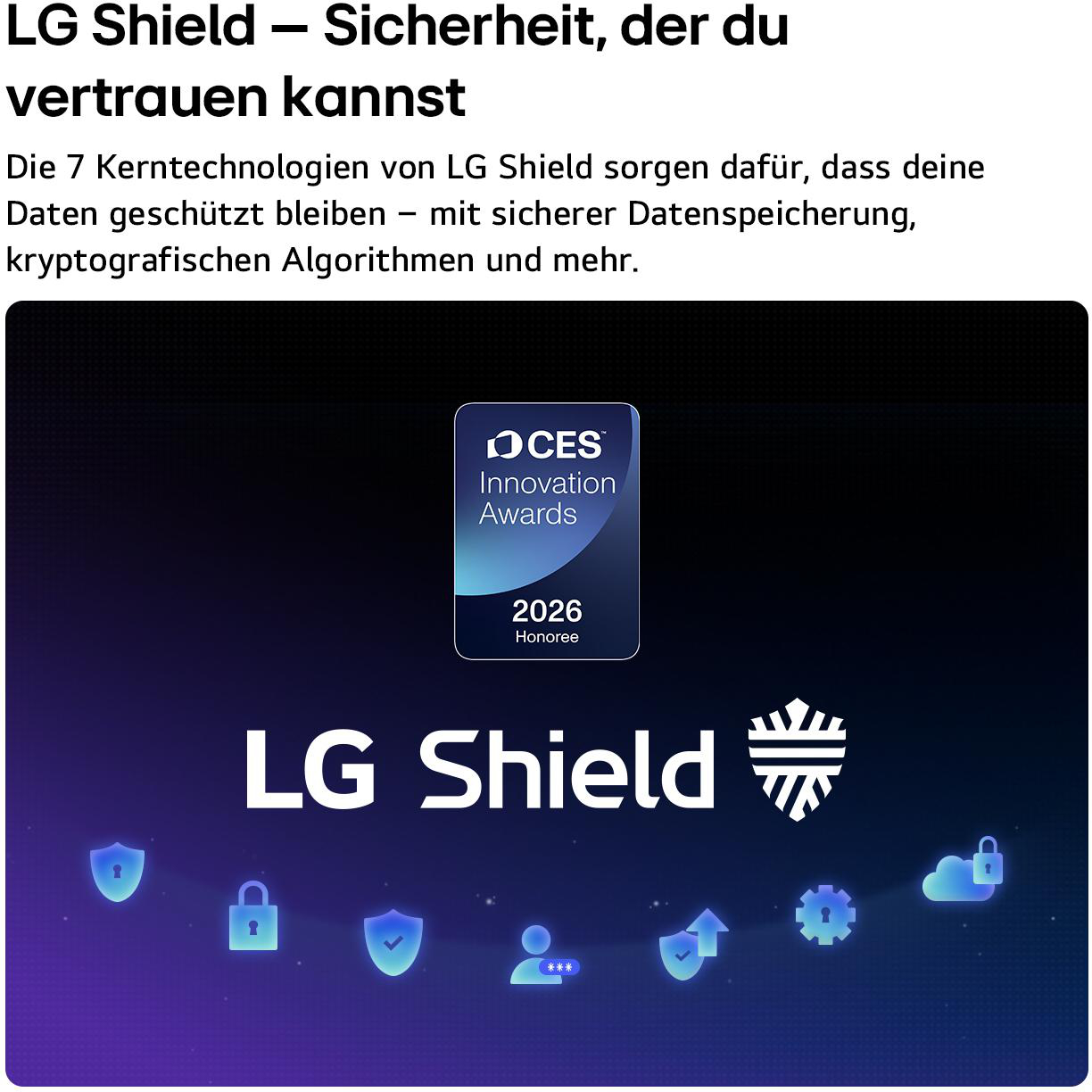 LG Shield Auszeichnung: CES Innovation Awards 2026 Honoree mit Sicherheits-Icons.