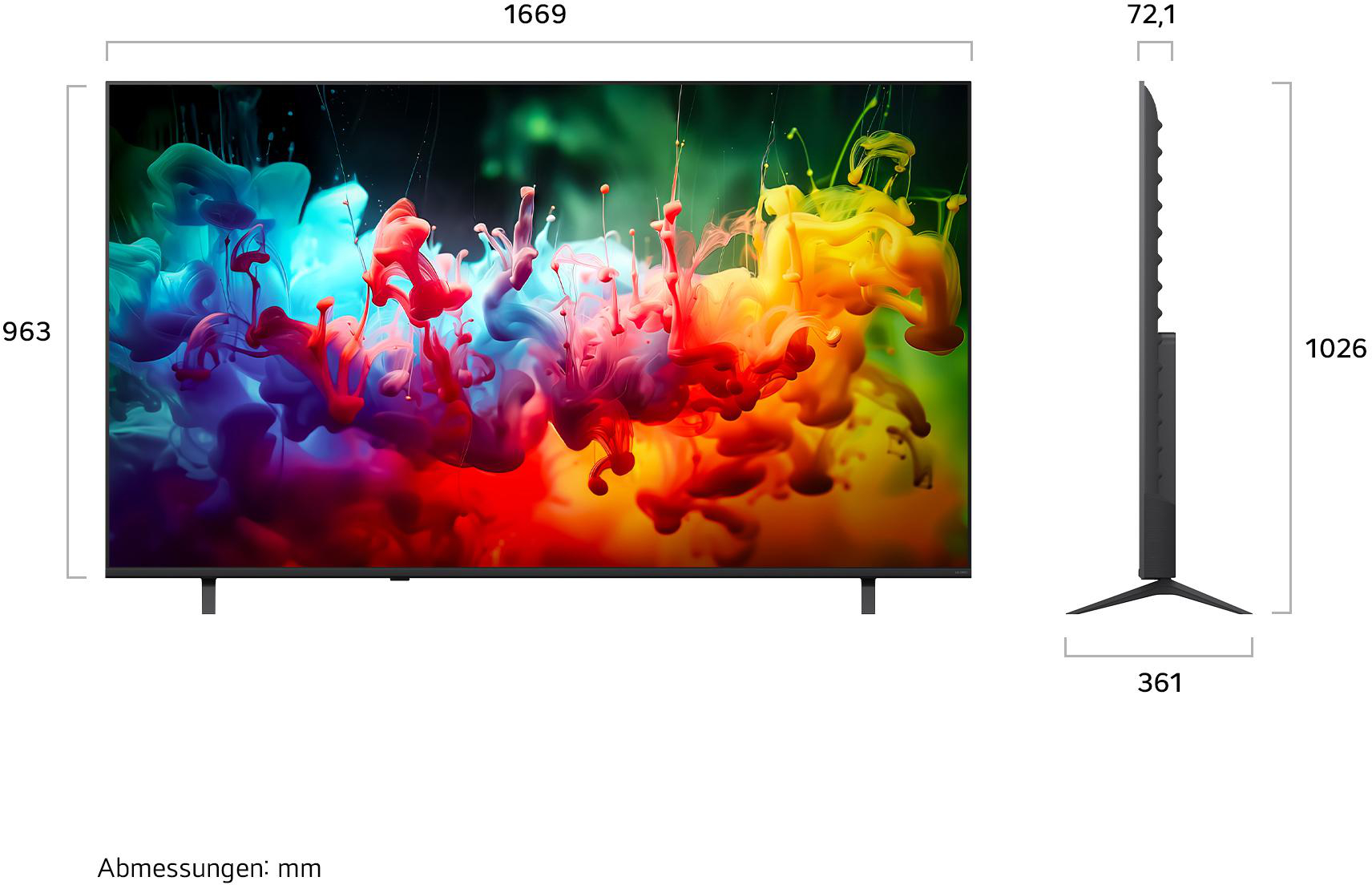 Ein großer Fernseher mit einem bunten Rauch-Bildschirmschoner. Maße sind angegeben.