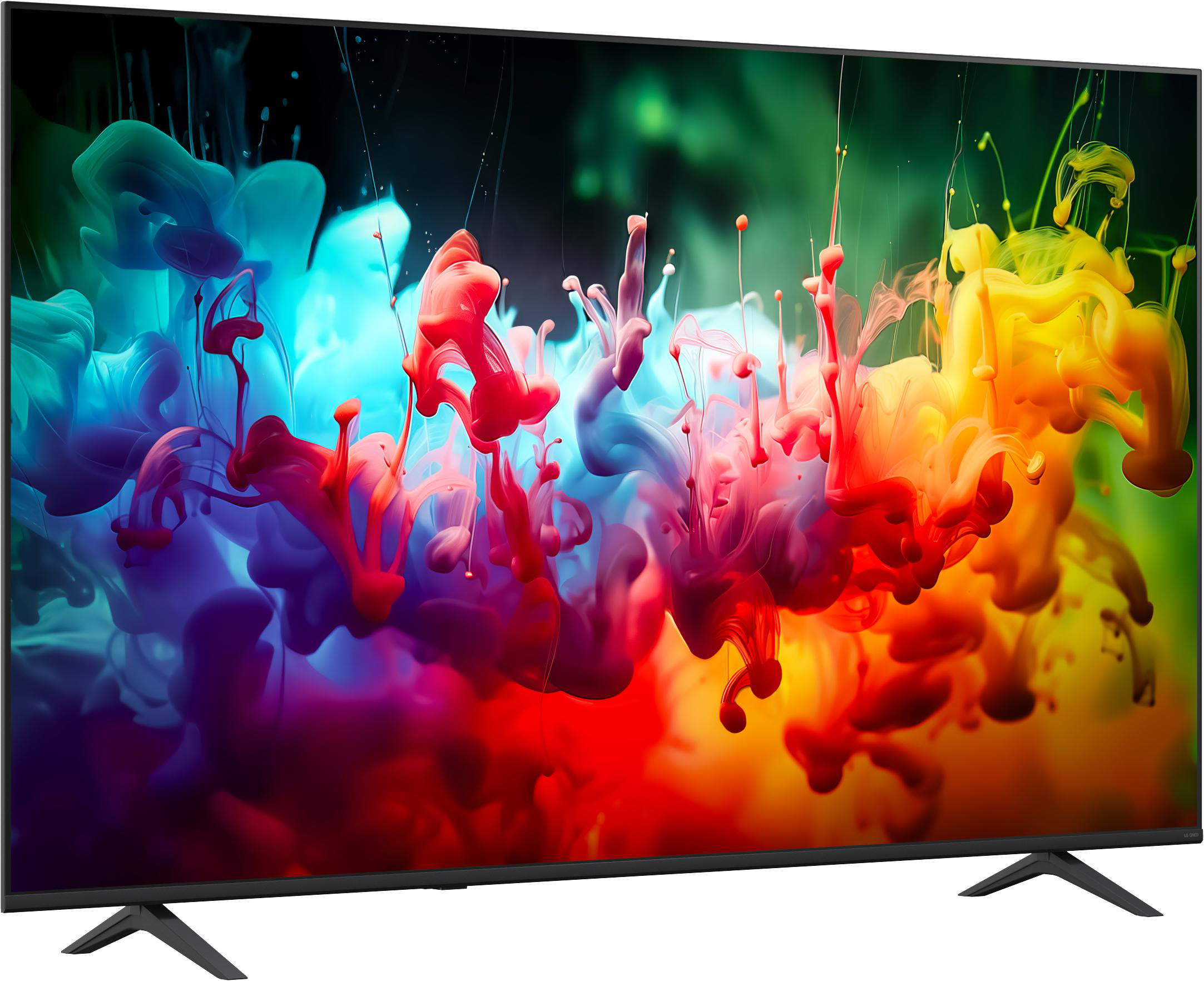 Ein moderner Fernseher zeigt lebendige, bunte Tintenwolken in Rot, Blau und Gelb.
