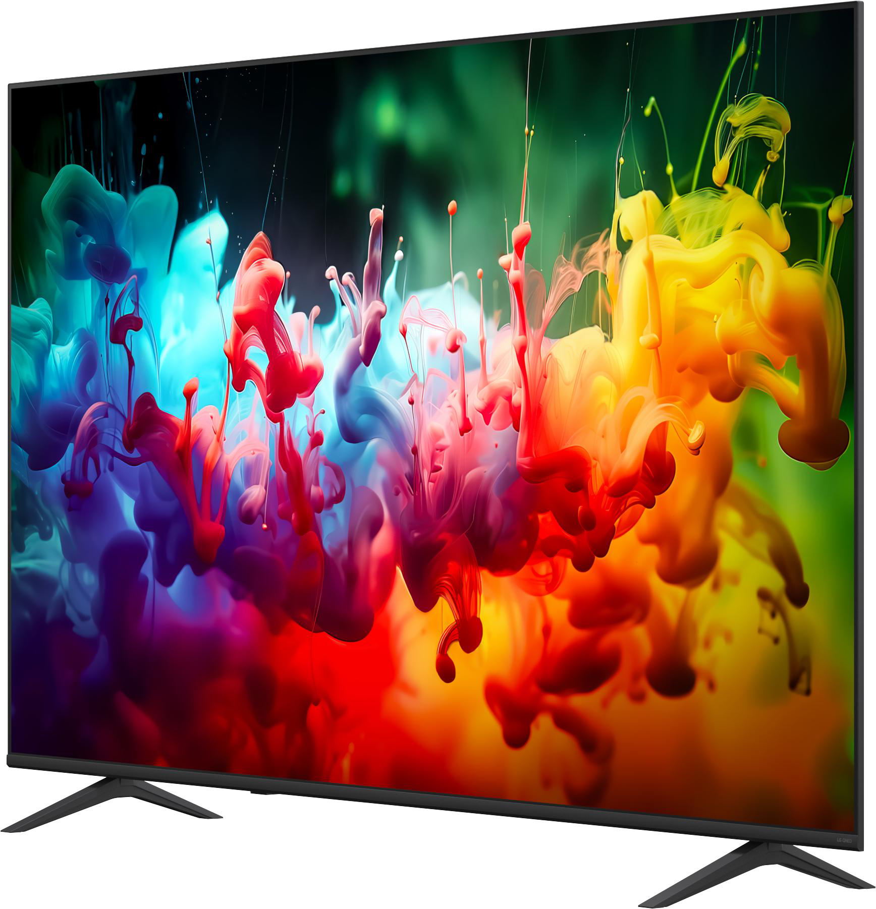 Ein moderner Fernseher zeigt ein abstraktes Bild aus explodierender Farbe.