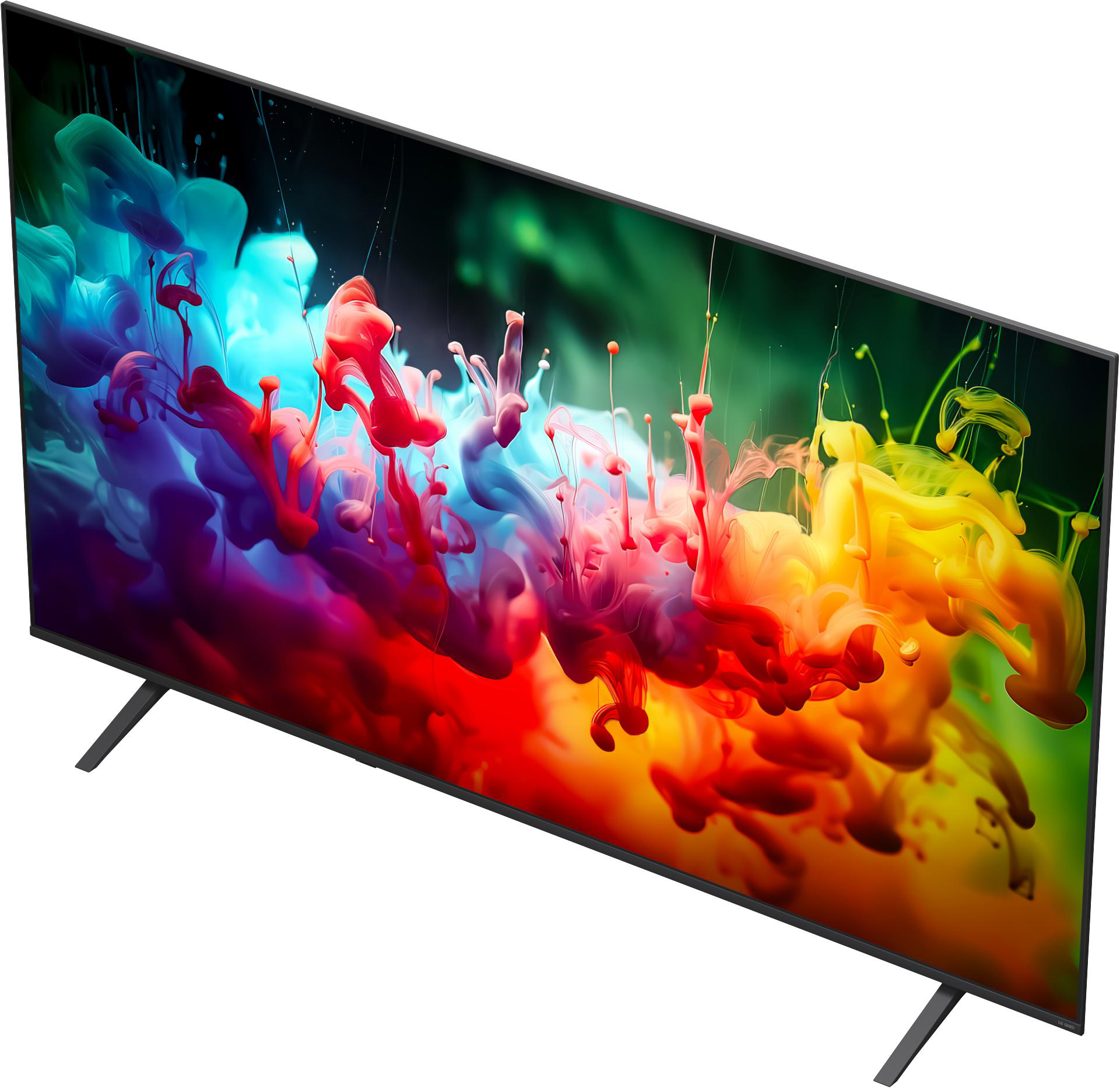 Ein moderner Fernseher mit lebendigem, abstraktem Tintenspritzbildschirm und zwei schwarzen Füßen.