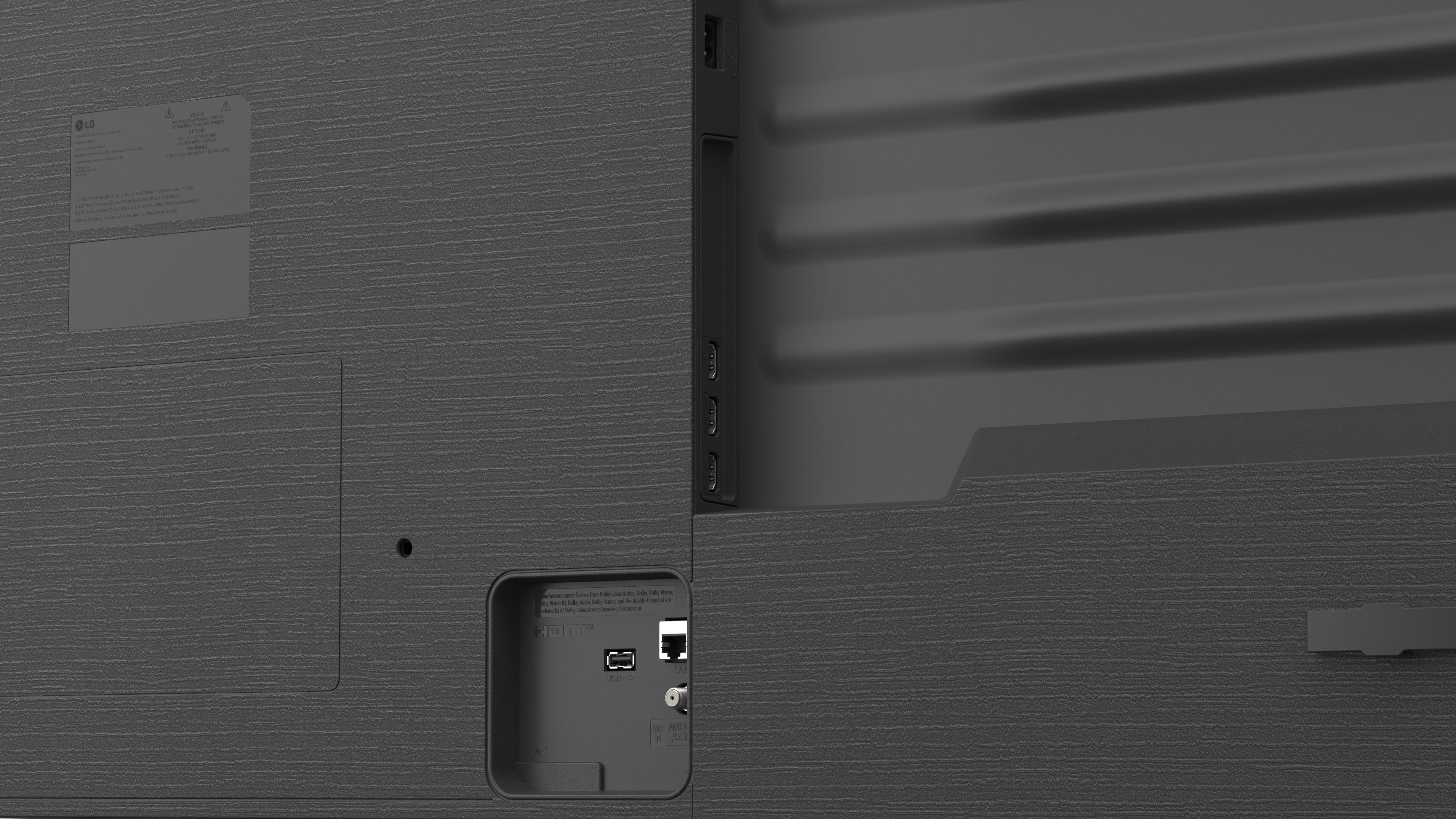 Rückseite eines Fernsehers mit Anschlüssen wie HDMI, USB und Antenne.