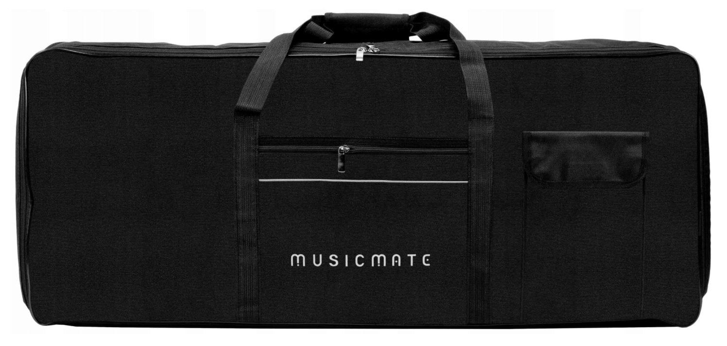 Czarna torba z zamkami i uchwytami, z przodu logo MUSICMATE.