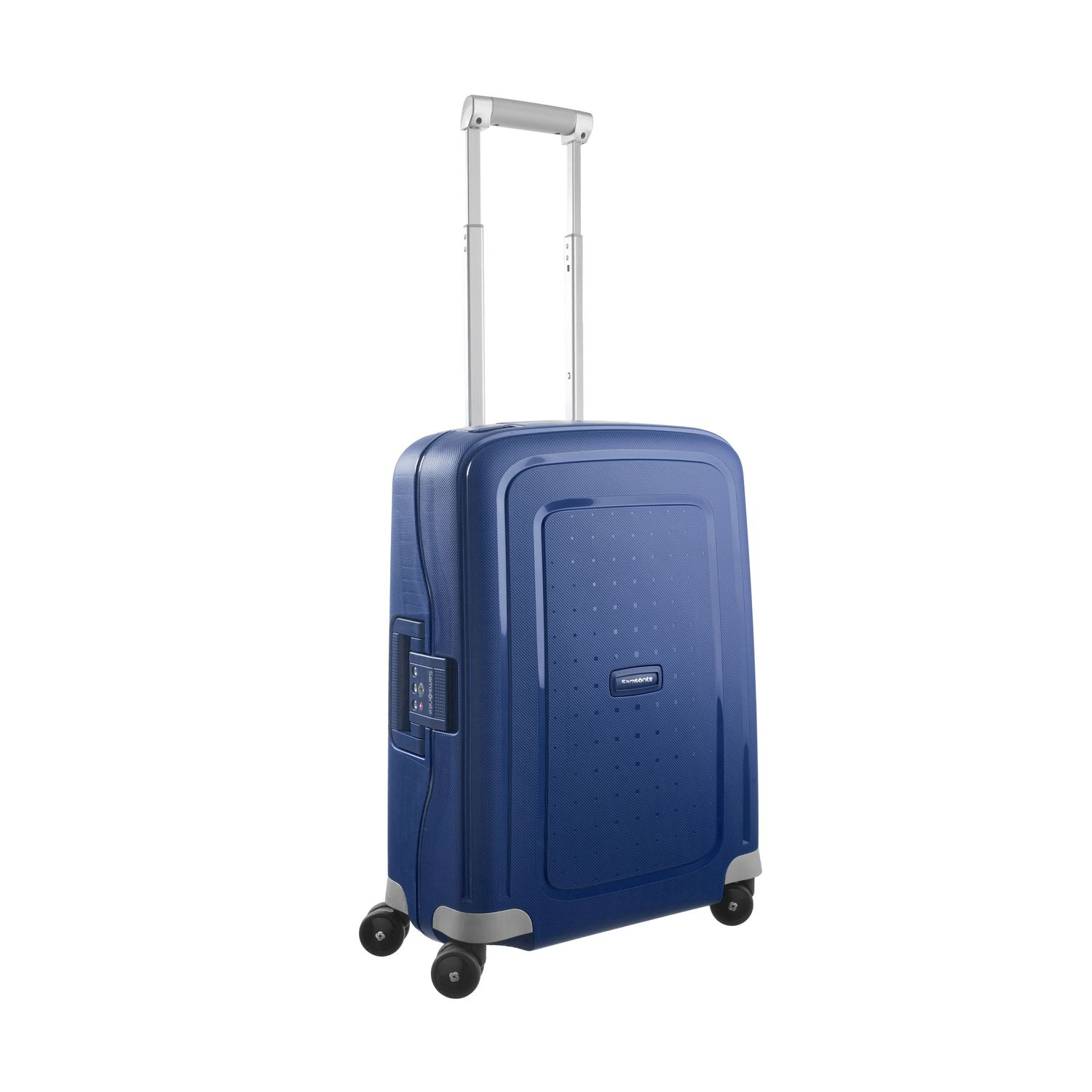 Un trolley Samsonite blu con manico estensibile e serratura.