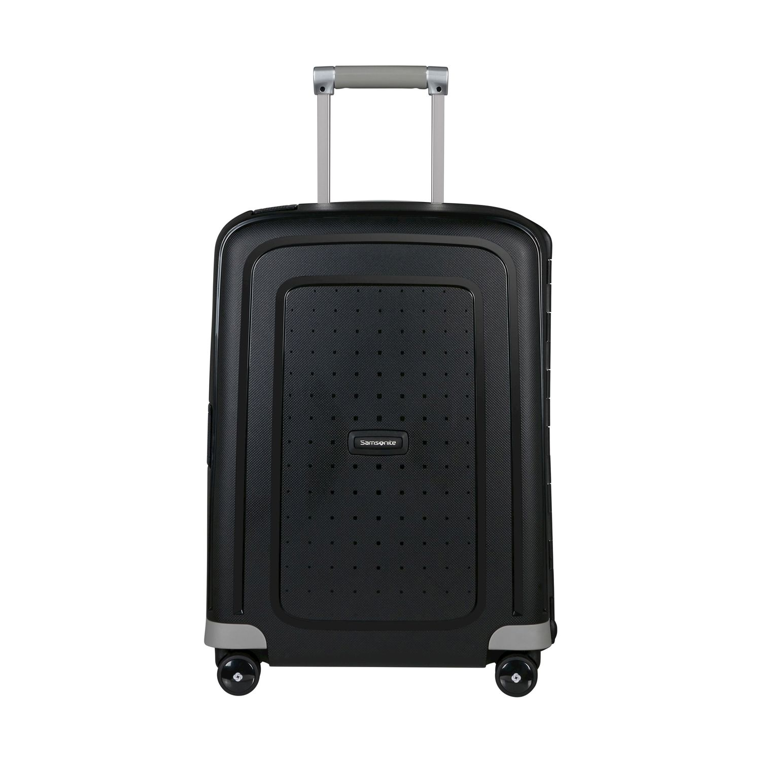 Valigia nera Samsonite con manico estraibile e ruote.