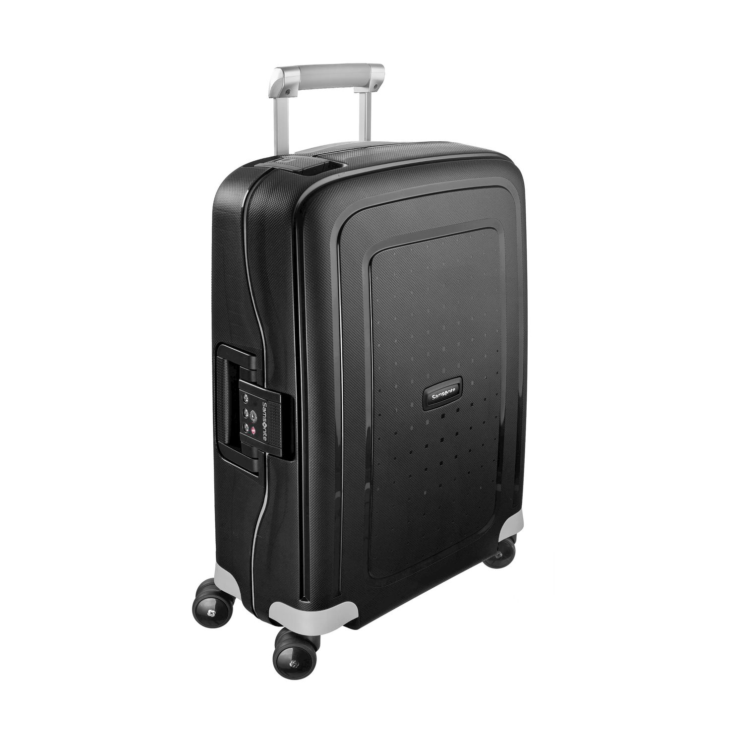 Valigia nera Samsonite su ruote con manico estensibile e dettagli argentati.