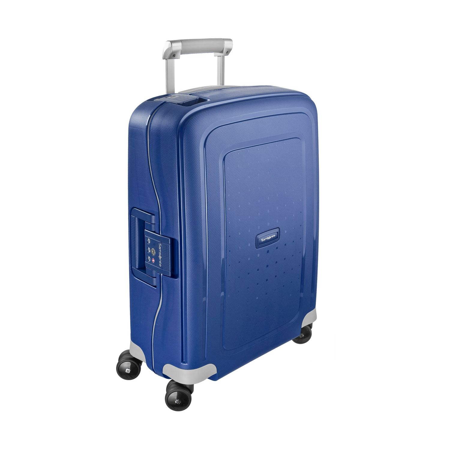 Una valigia Samsonite blu con manico retrattile e quattro ruote.