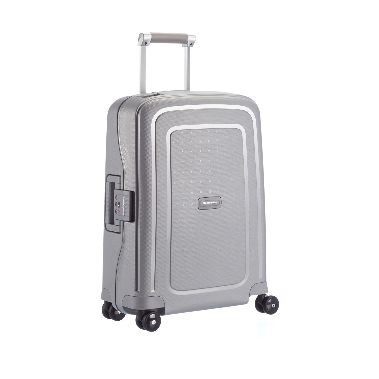 Una valigia Samsonite grigia con manico retrattile e quattro ruote.