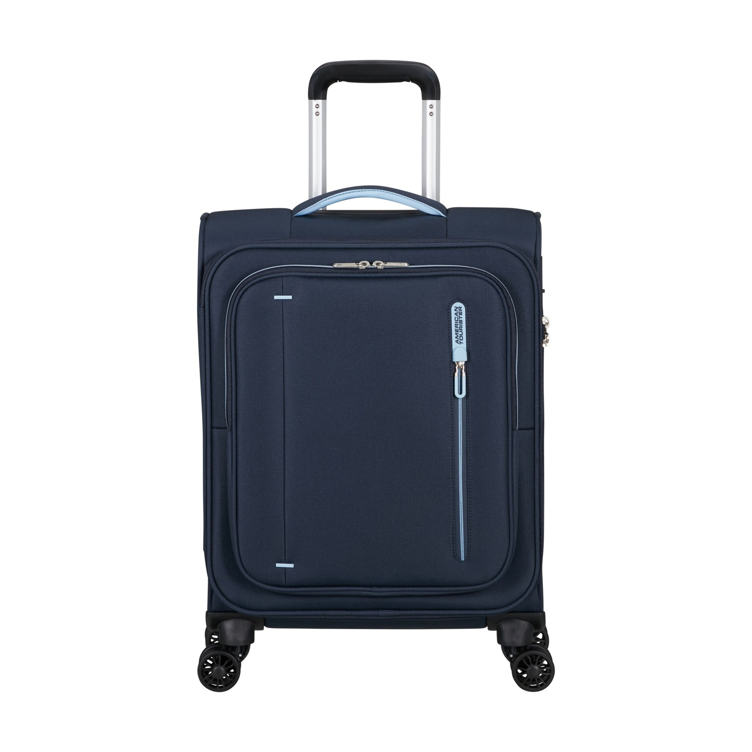 Un trolley blu scuro con manico argentato e accenti azzurri.
