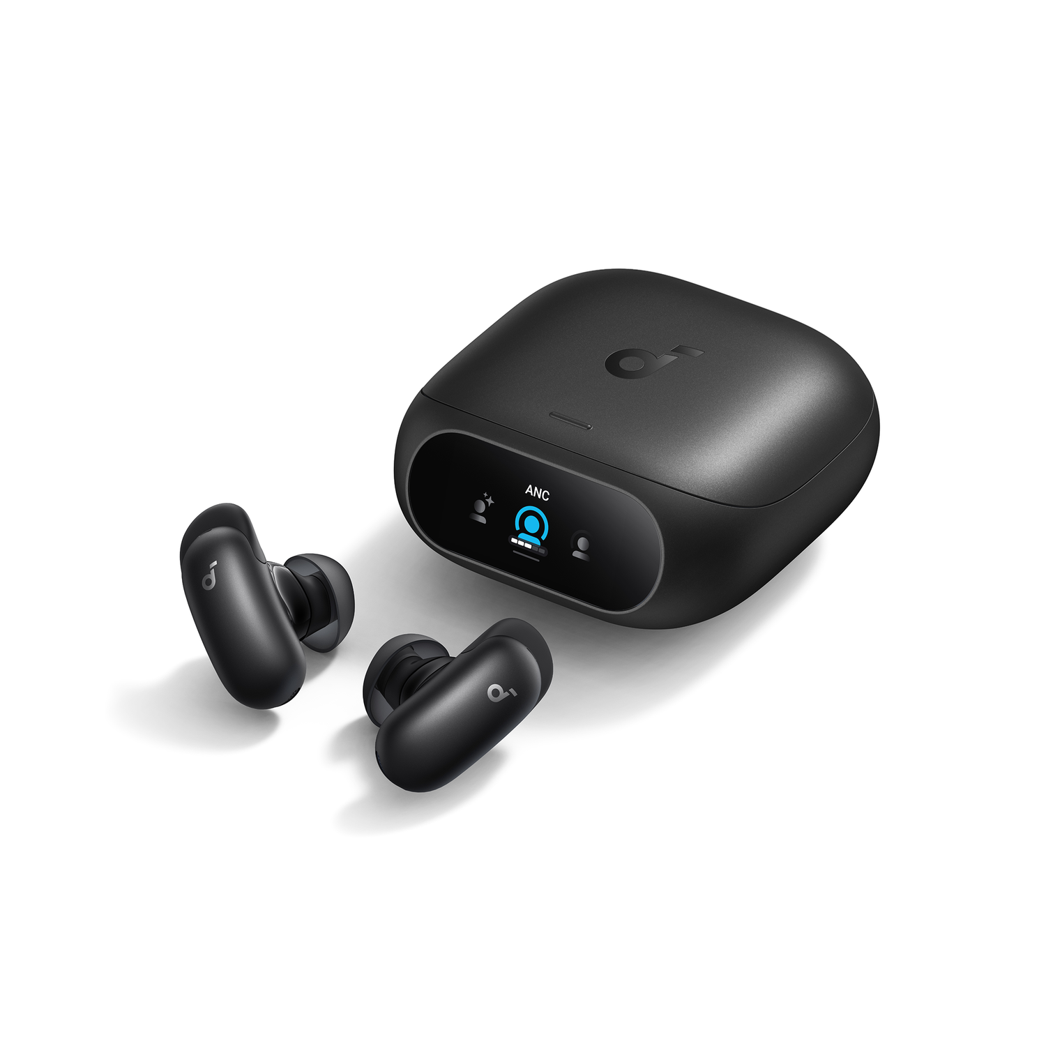 Black wireless earbuds and charging case with ANC display on a white background.