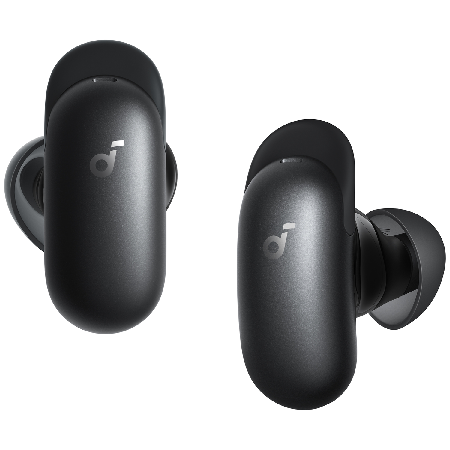 Two black wireless earbuds with silver logo on a white background.