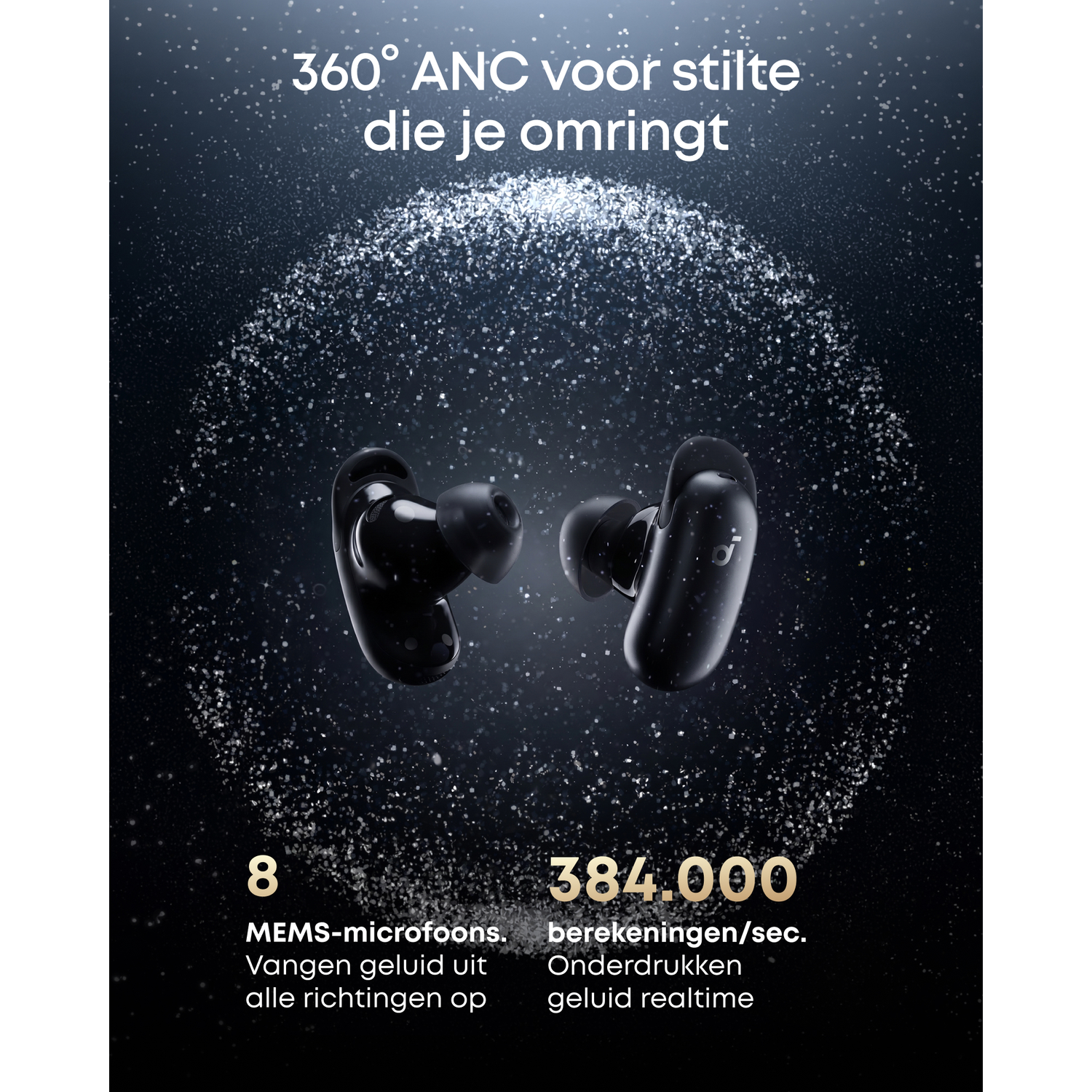 Two black earbuds on a dark background with glitter particles.