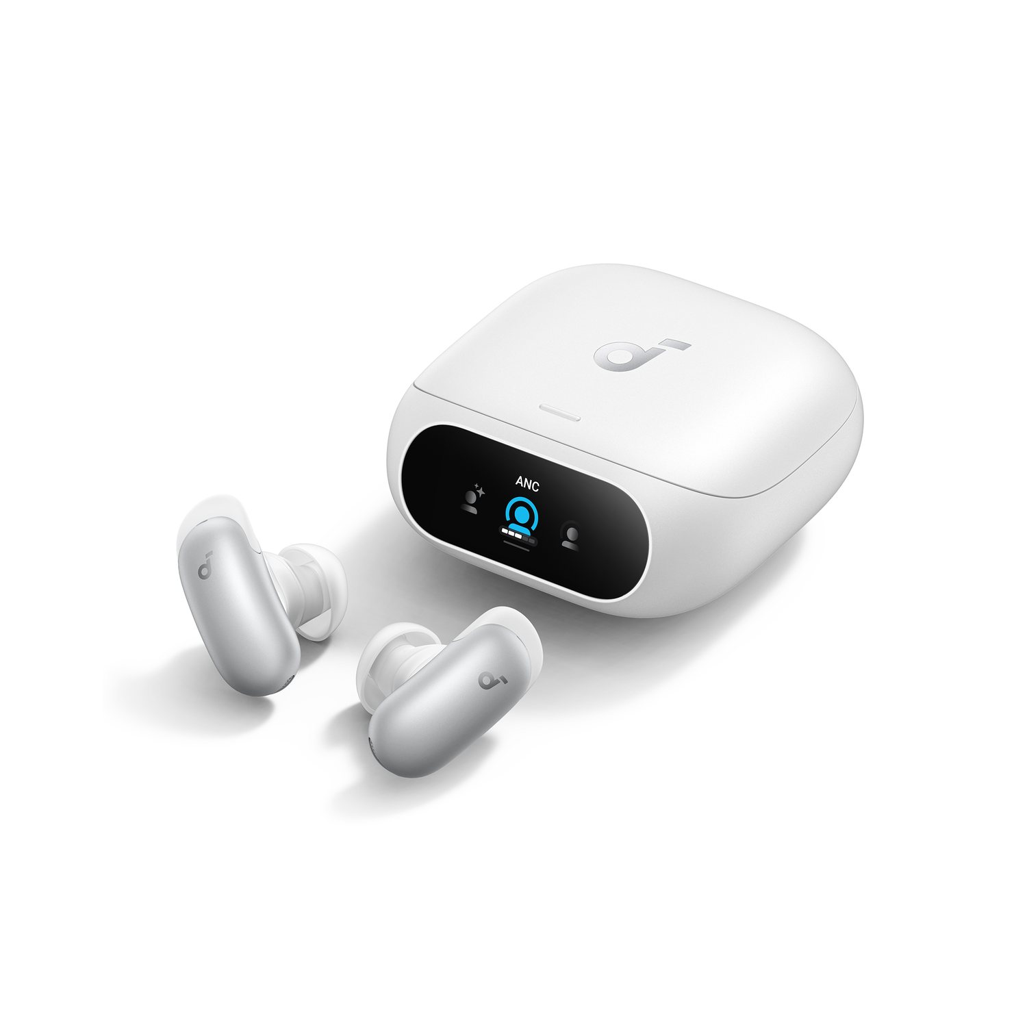 White wireless earbuds and charging case on a white background.