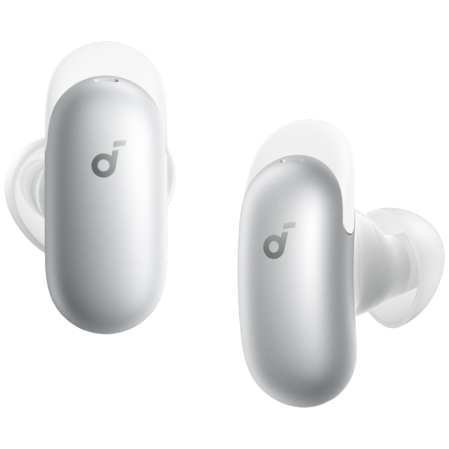 Two white wireless earbuds with silver accents and the logo 