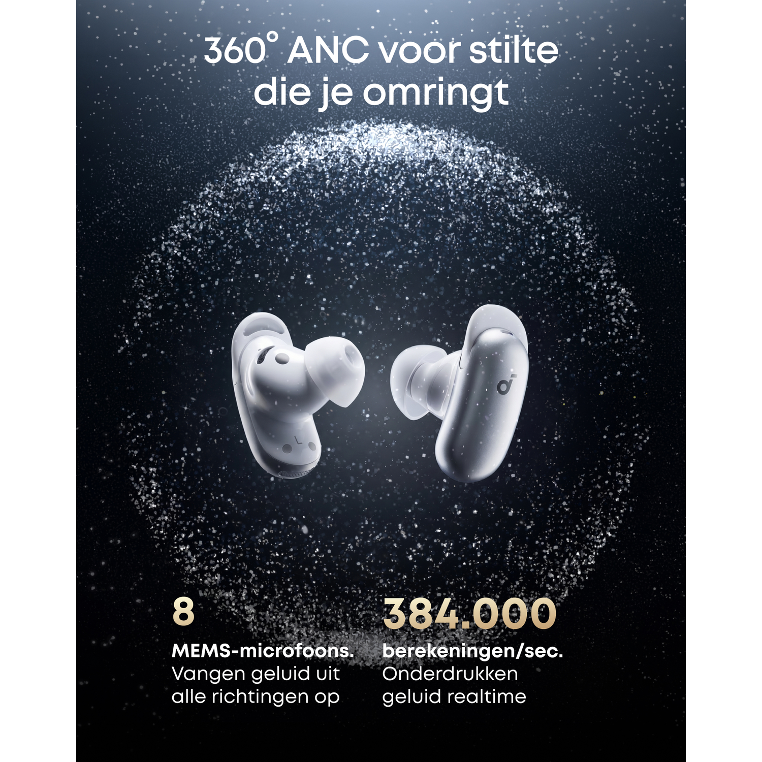 White earbuds float against a dark background with glitter.