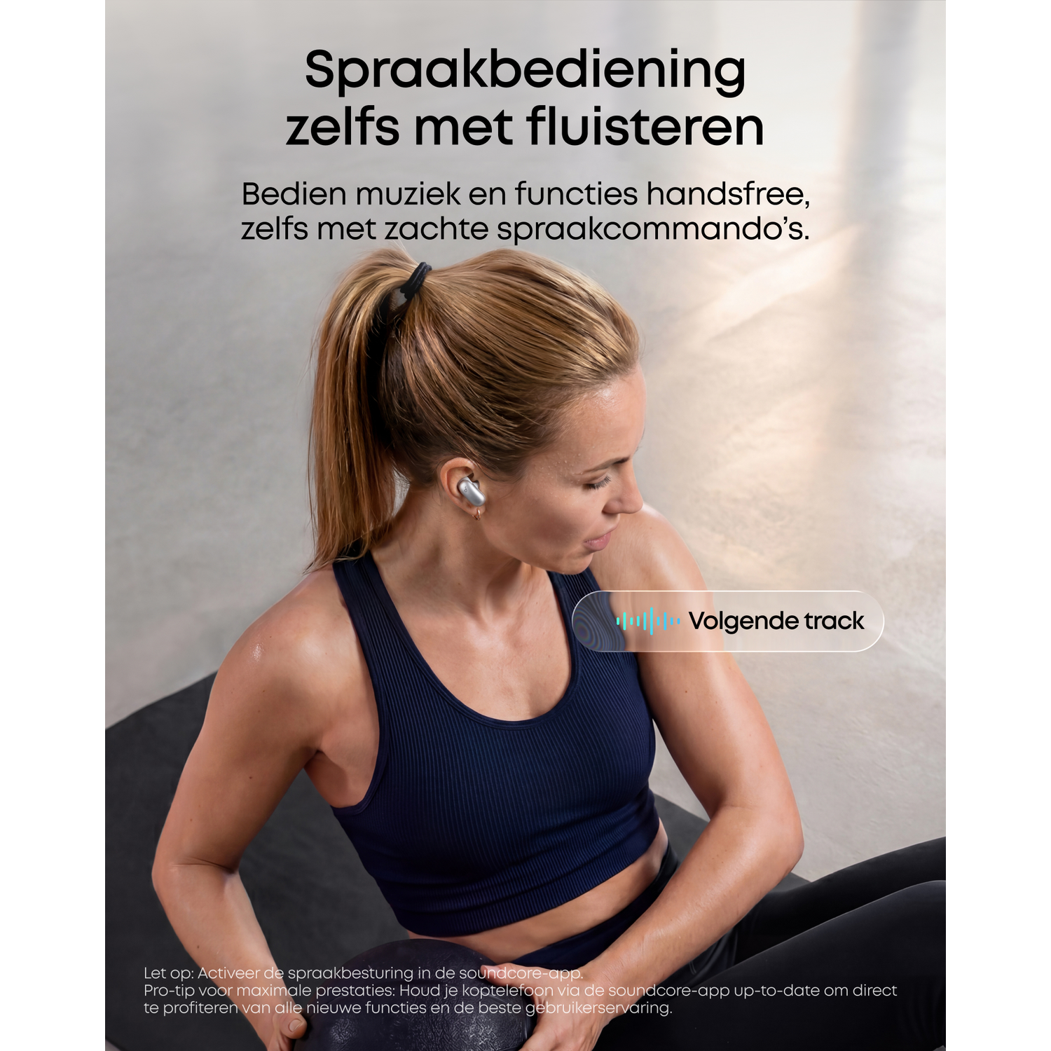 Woman wearing earbuds exercises, with text about voice control.