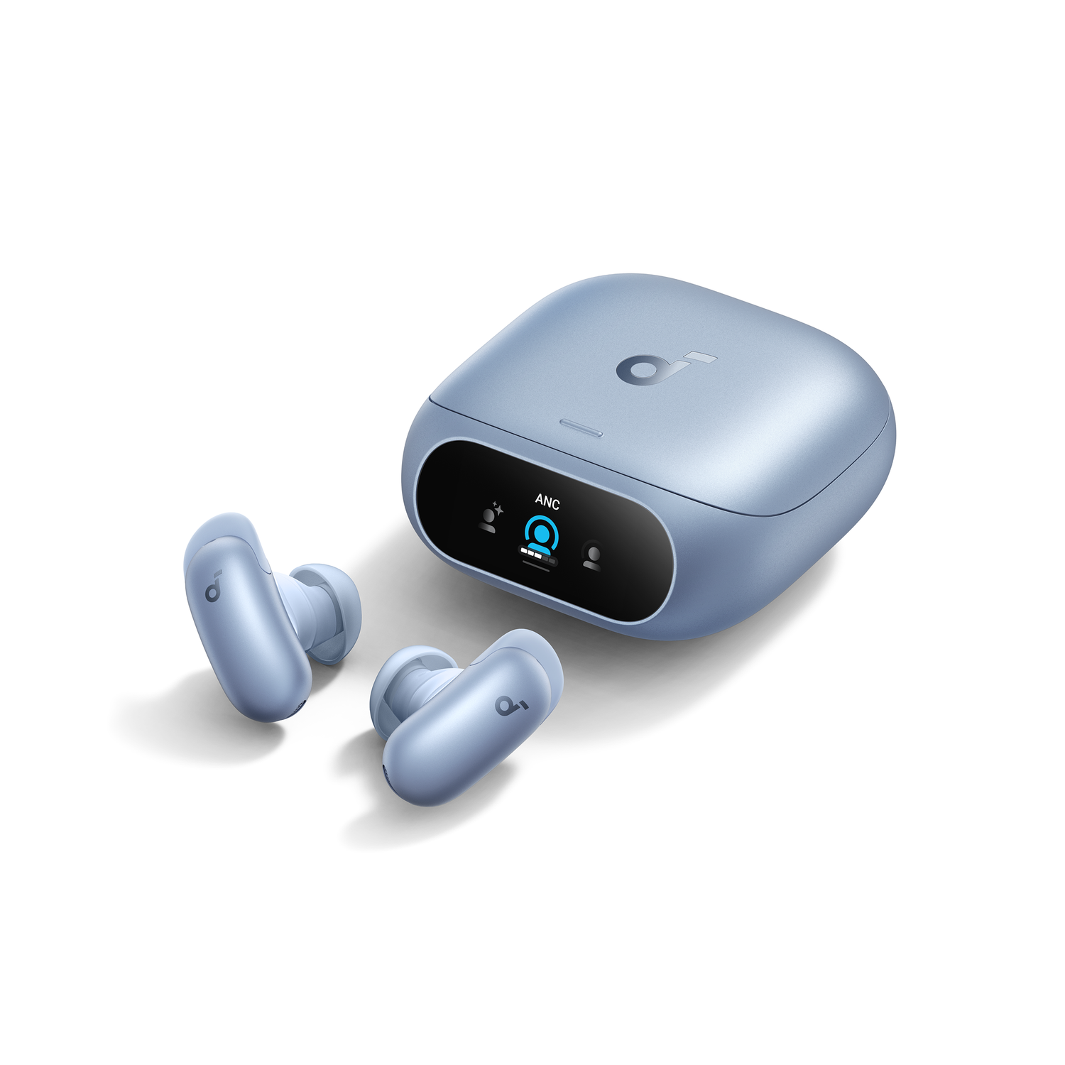 Blue wireless earbuds and charging case with a display.