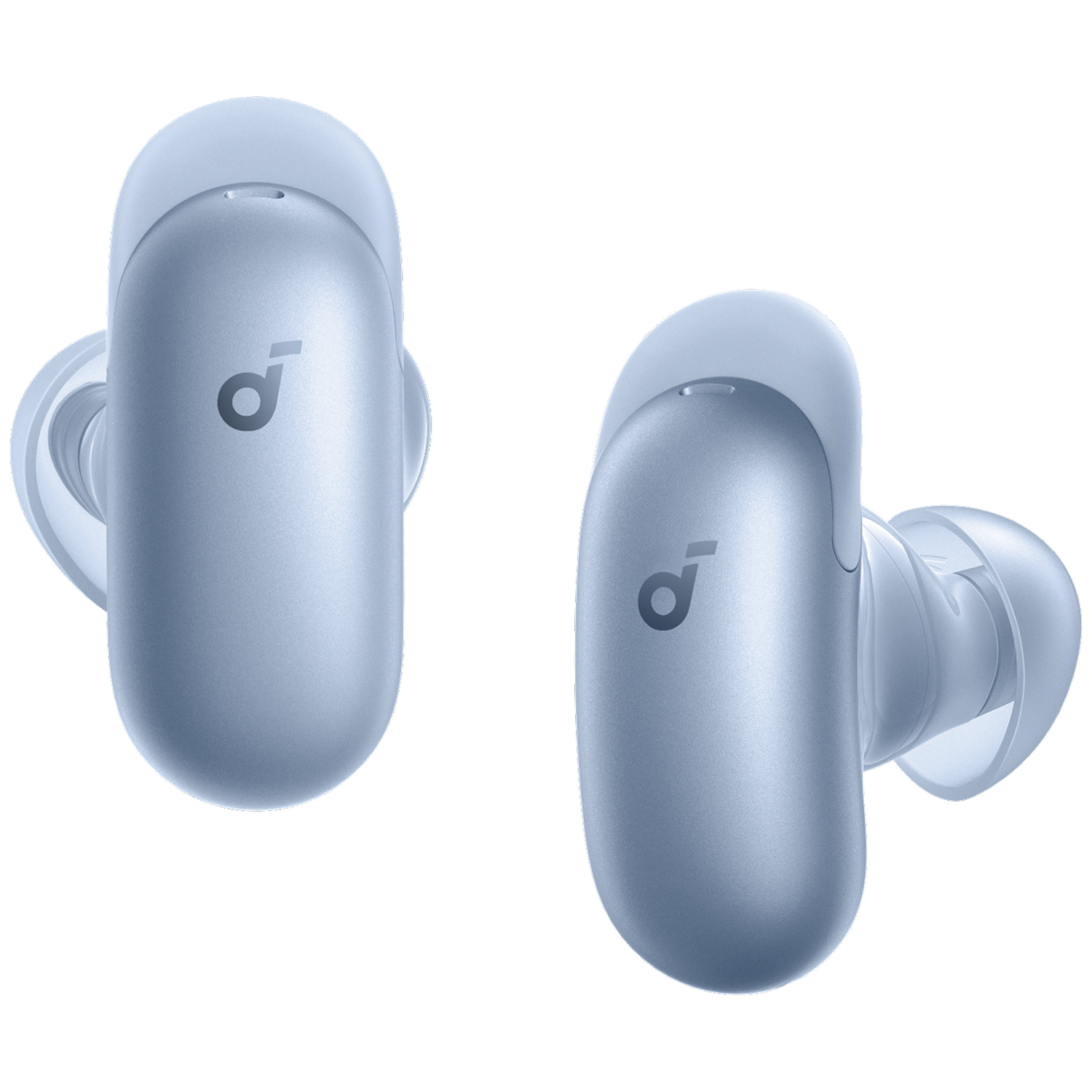 Two blue wireless earbuds with the Anker logo.