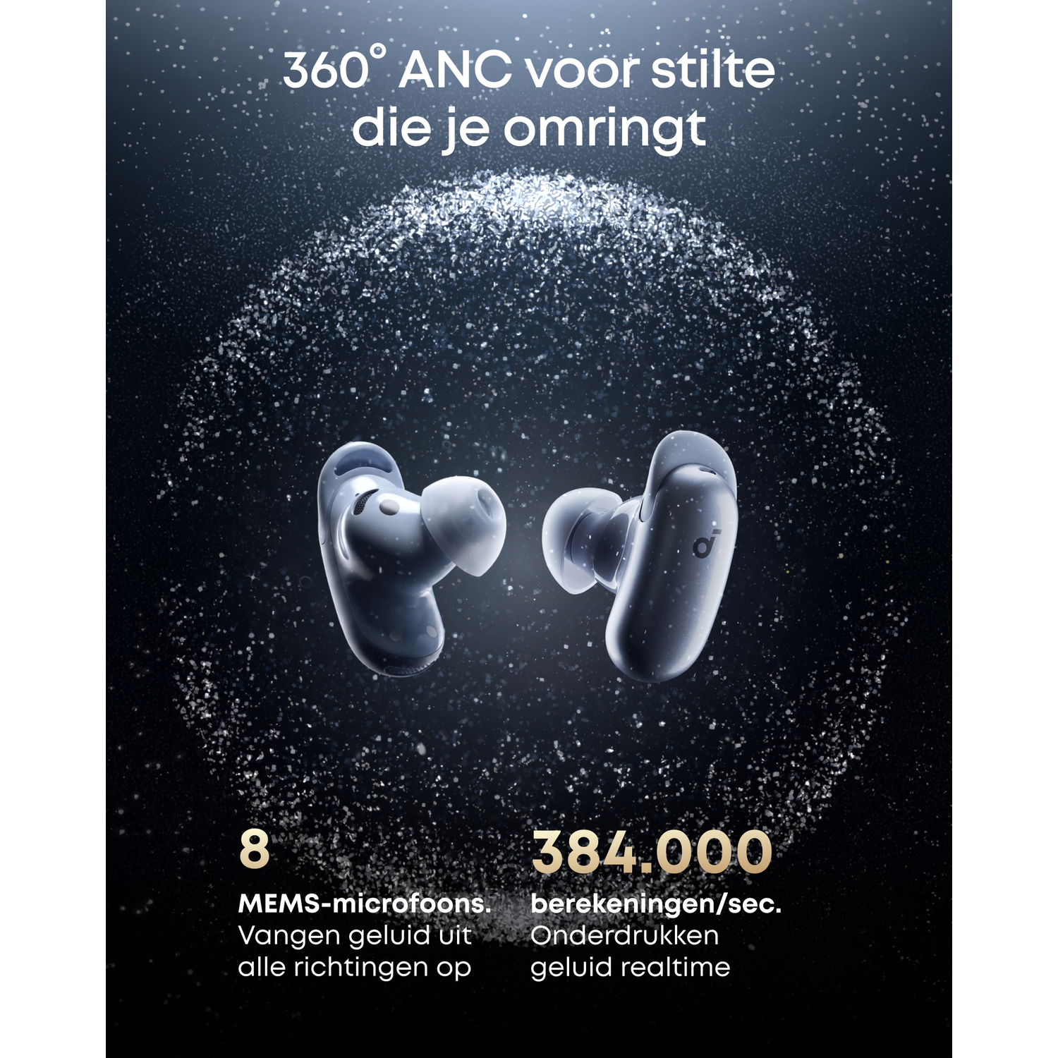 Two grey wireless earbuds with ANC technology on a dark background.