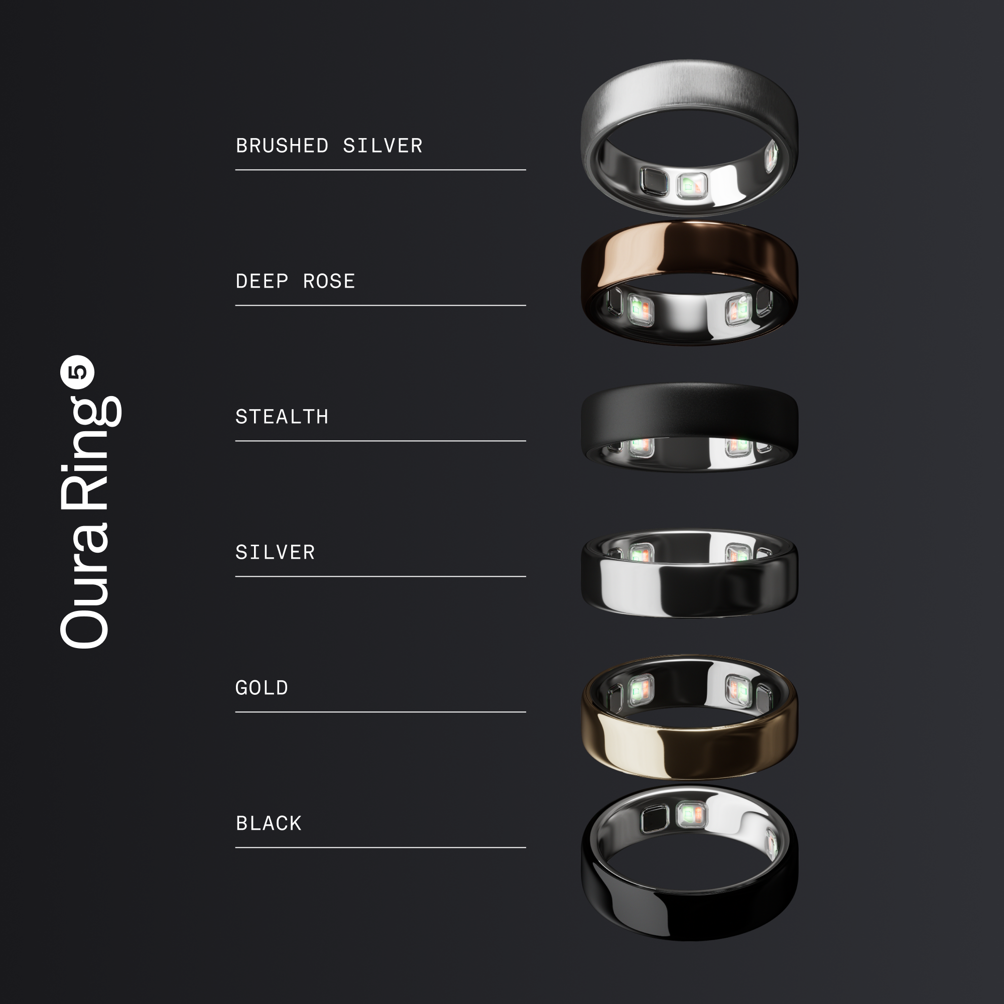 Sechs Oura Ringe in verschiedenen Farben: Silber, Roségold, Schwarz, Silber, Gold, Schwarz.