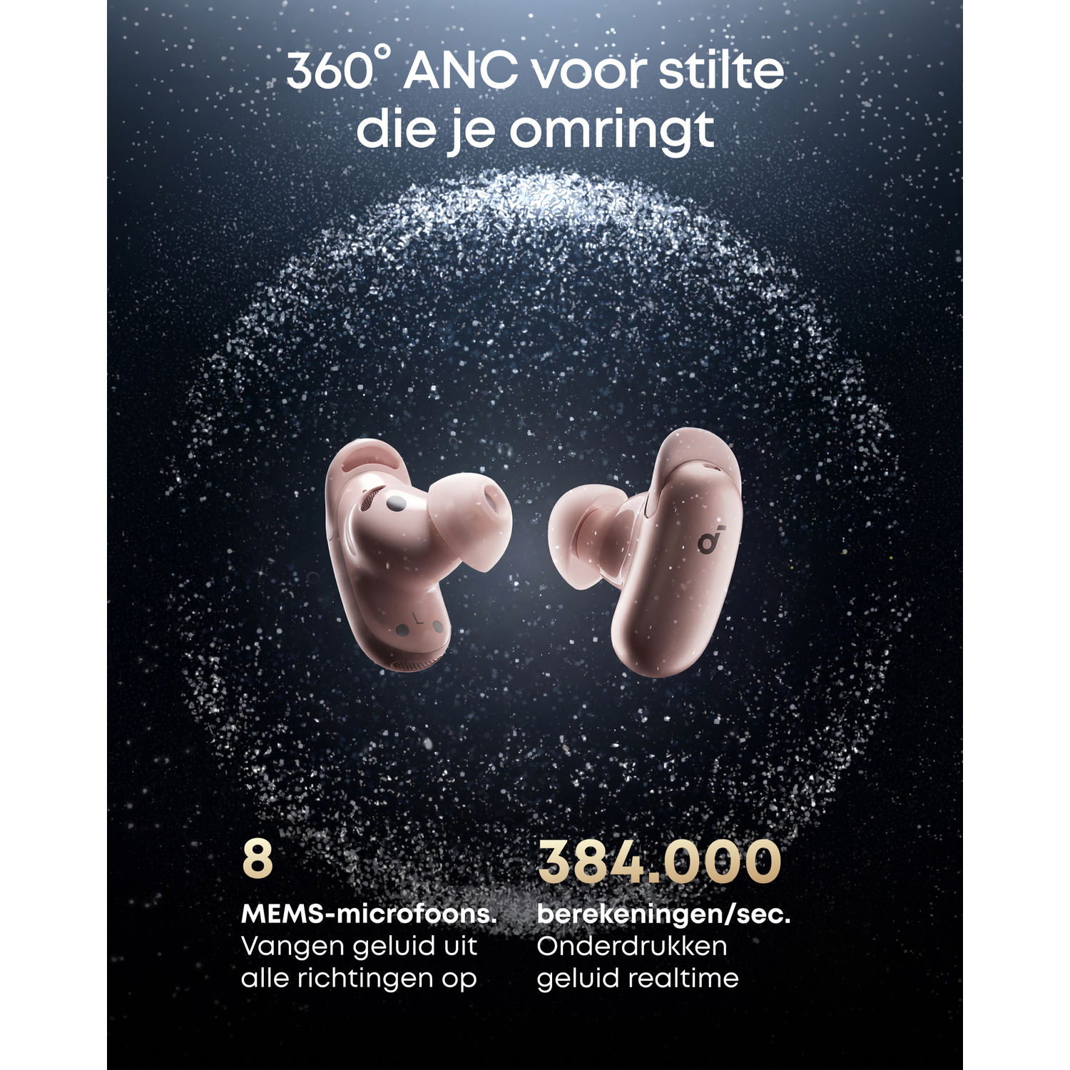Twee roze oordopjes zweven tegen een donkere, glinsterende achtergrond.