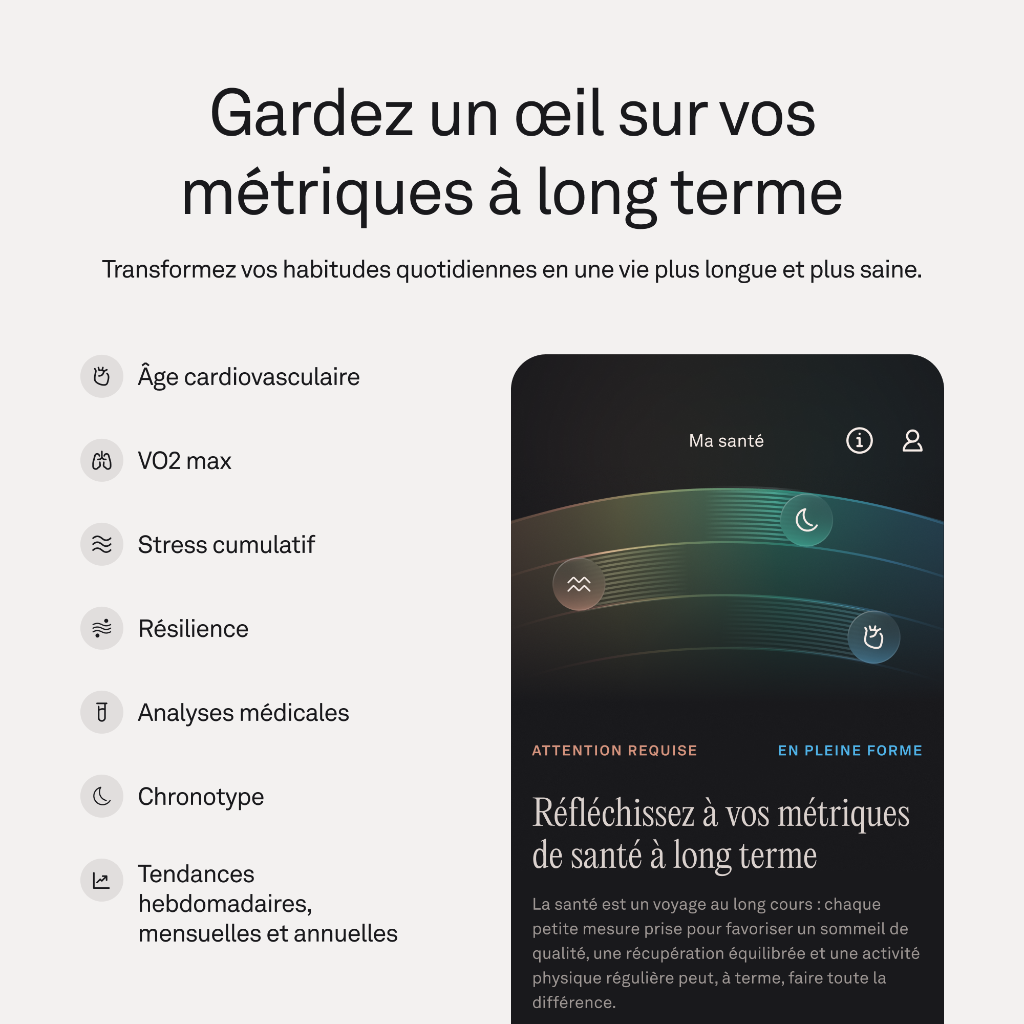 Métriques de santé sur téléphone : âge cardiaque, VO2 max, stress, résilience, analyses.