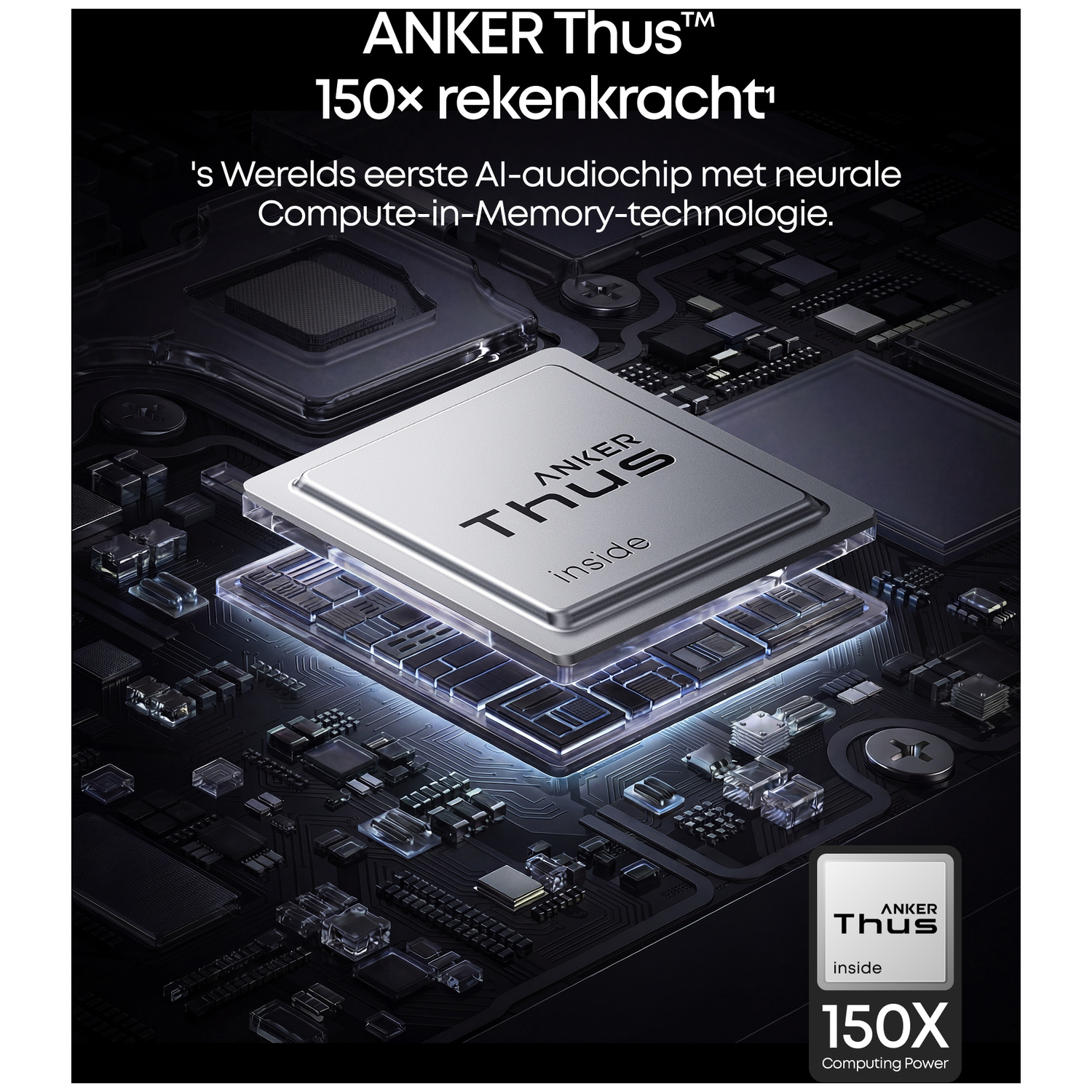 Een zilveren chip met ANKER Thus-logo rust op een gedetailleerde printplaat.