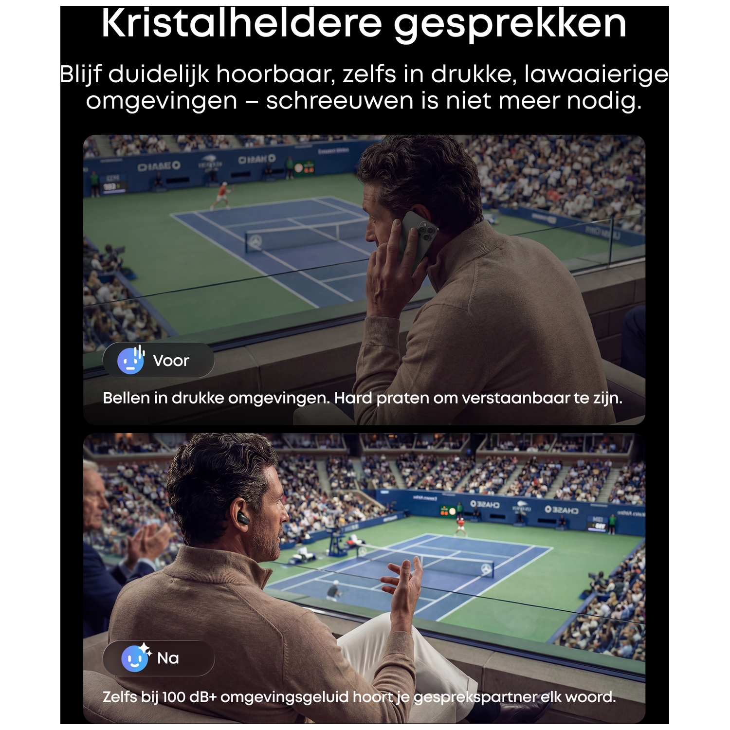 Man belt bij tenniswedstrijd. Beneden draagt hij oordopjes.