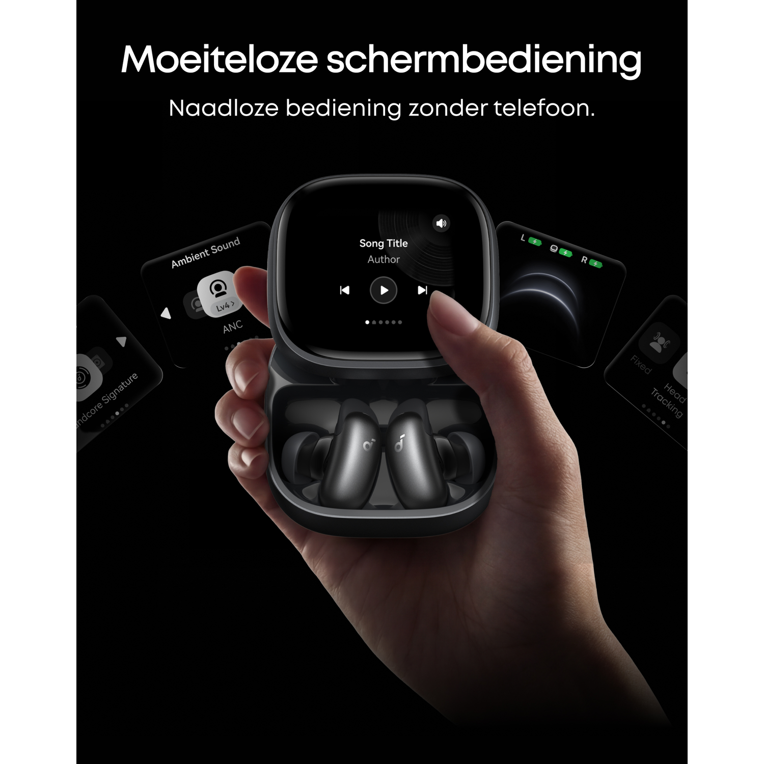 Een hand houdt oordopjes in een oplaadcase. Meerdere schermen tonen audio-instellingen.