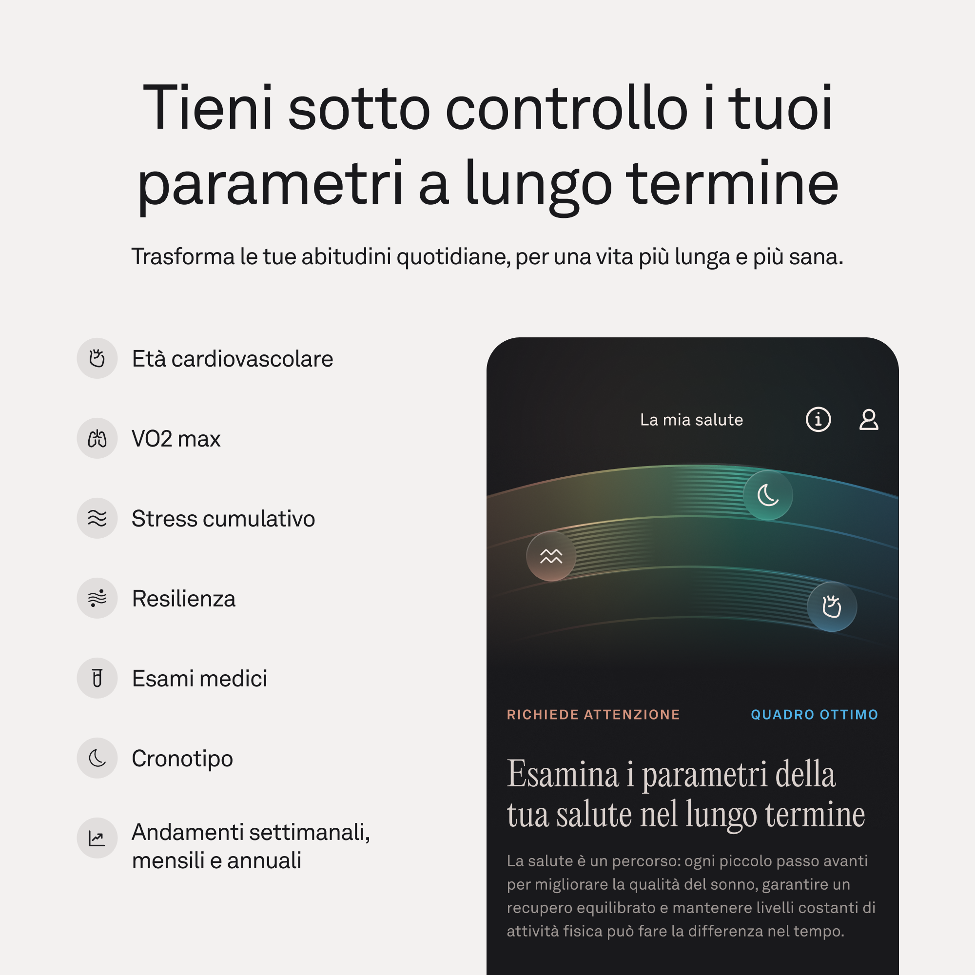 Panoramica salute con metriche come età cardiovascolare e VO2 max.