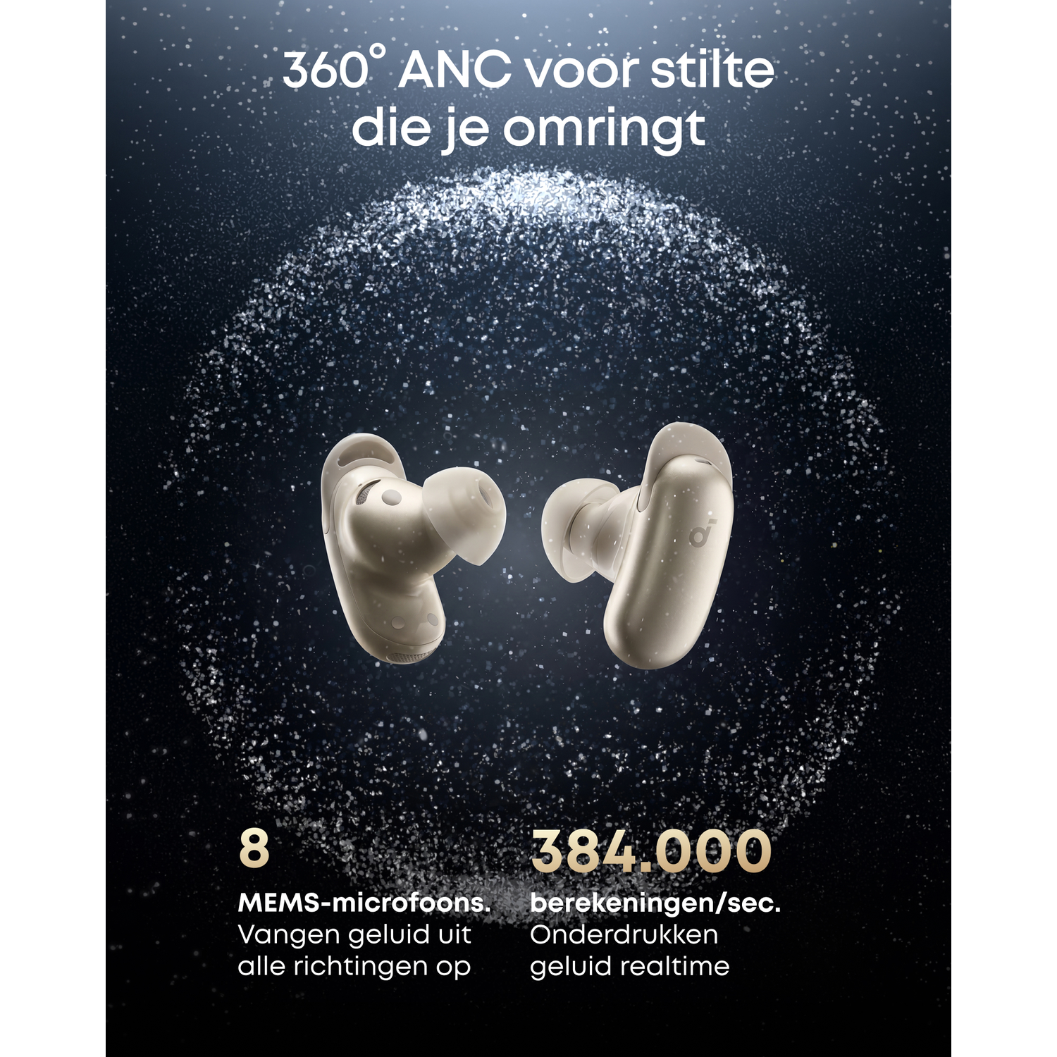 Twee gouden oordopjes met 360 ANC-technologie, omringd door glitter.