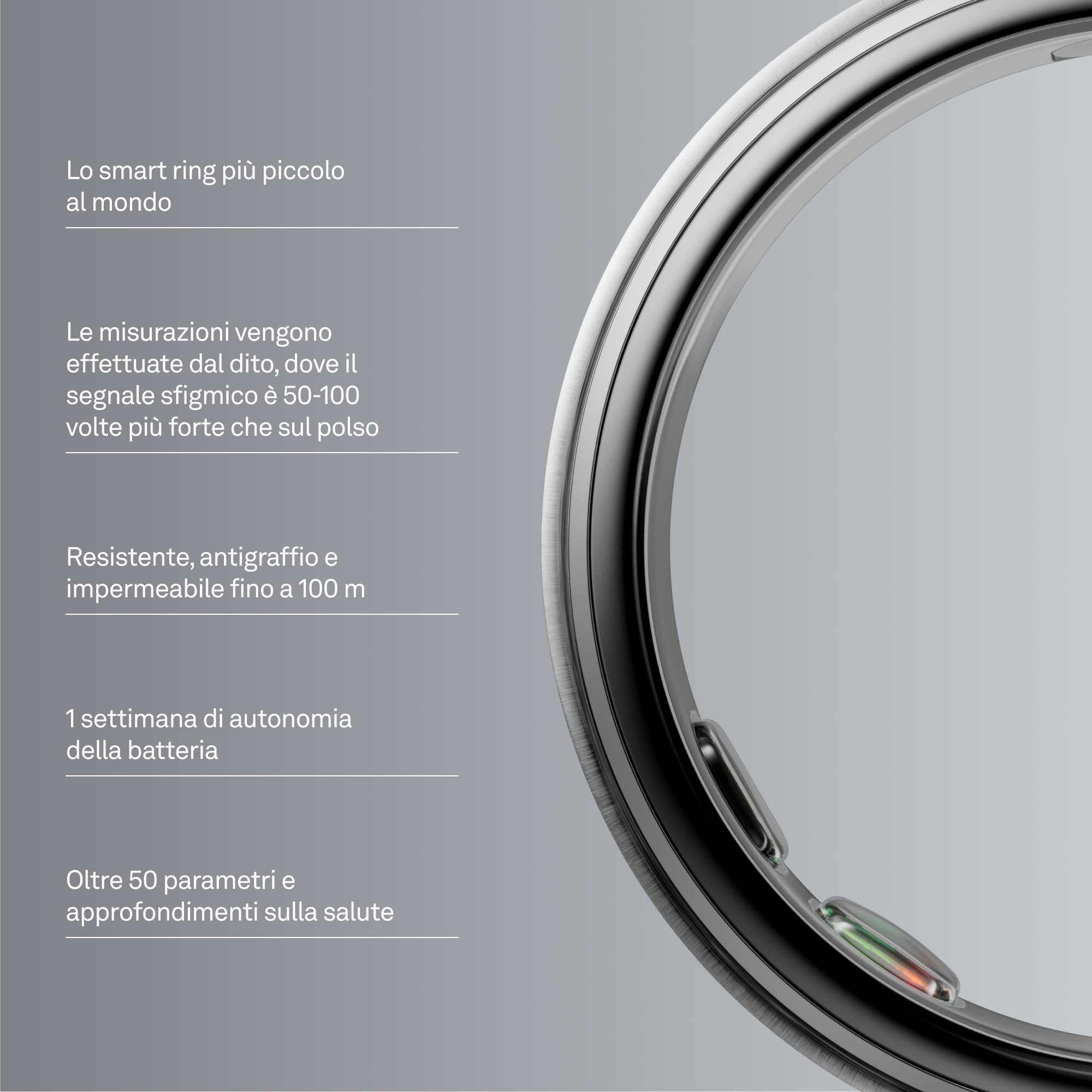 Un elegante smart ring con monitoraggio salute dettagliato e lunga durata batteria.
