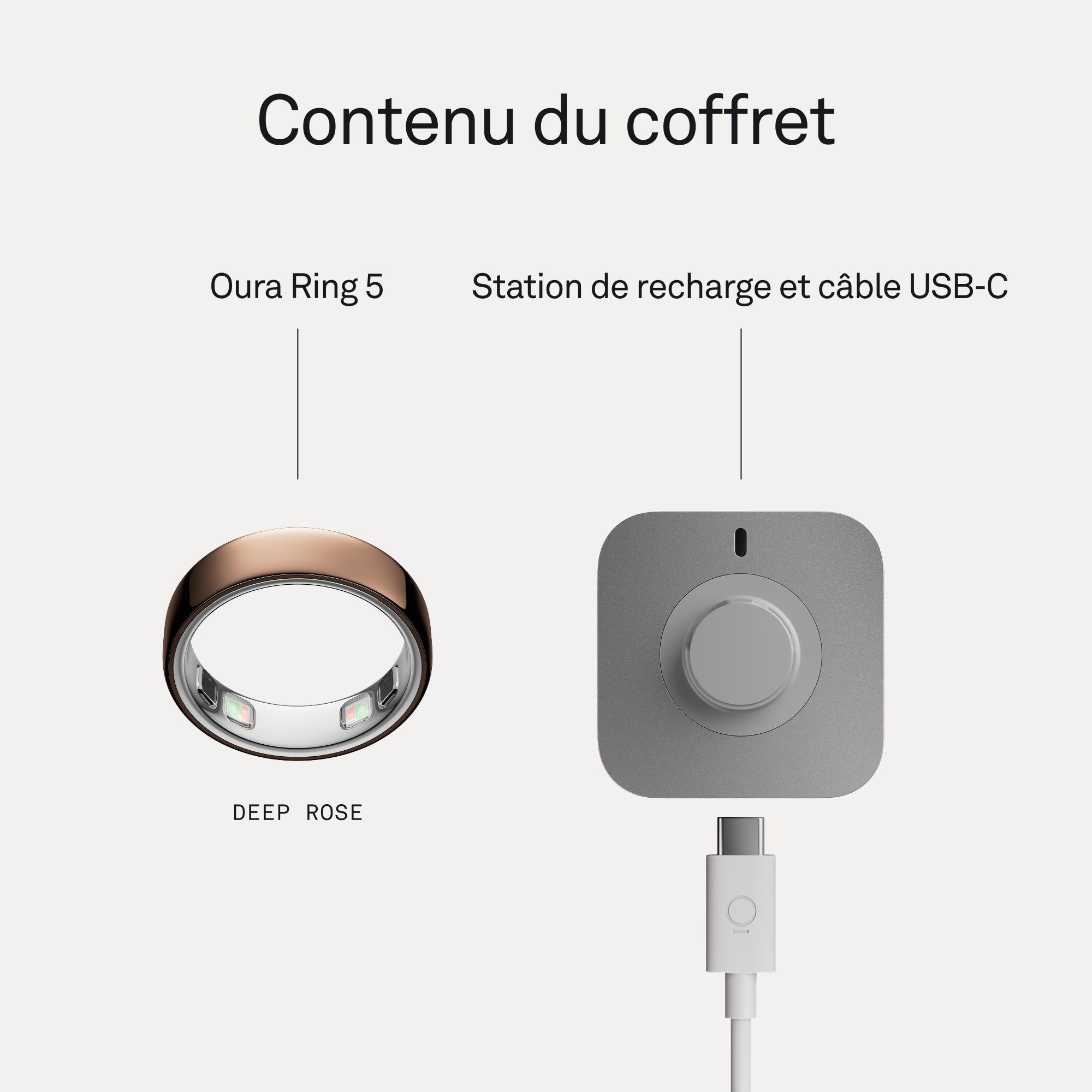 Bague Oura 5 et station de recharge avec câble USB-C, sur fond clair.