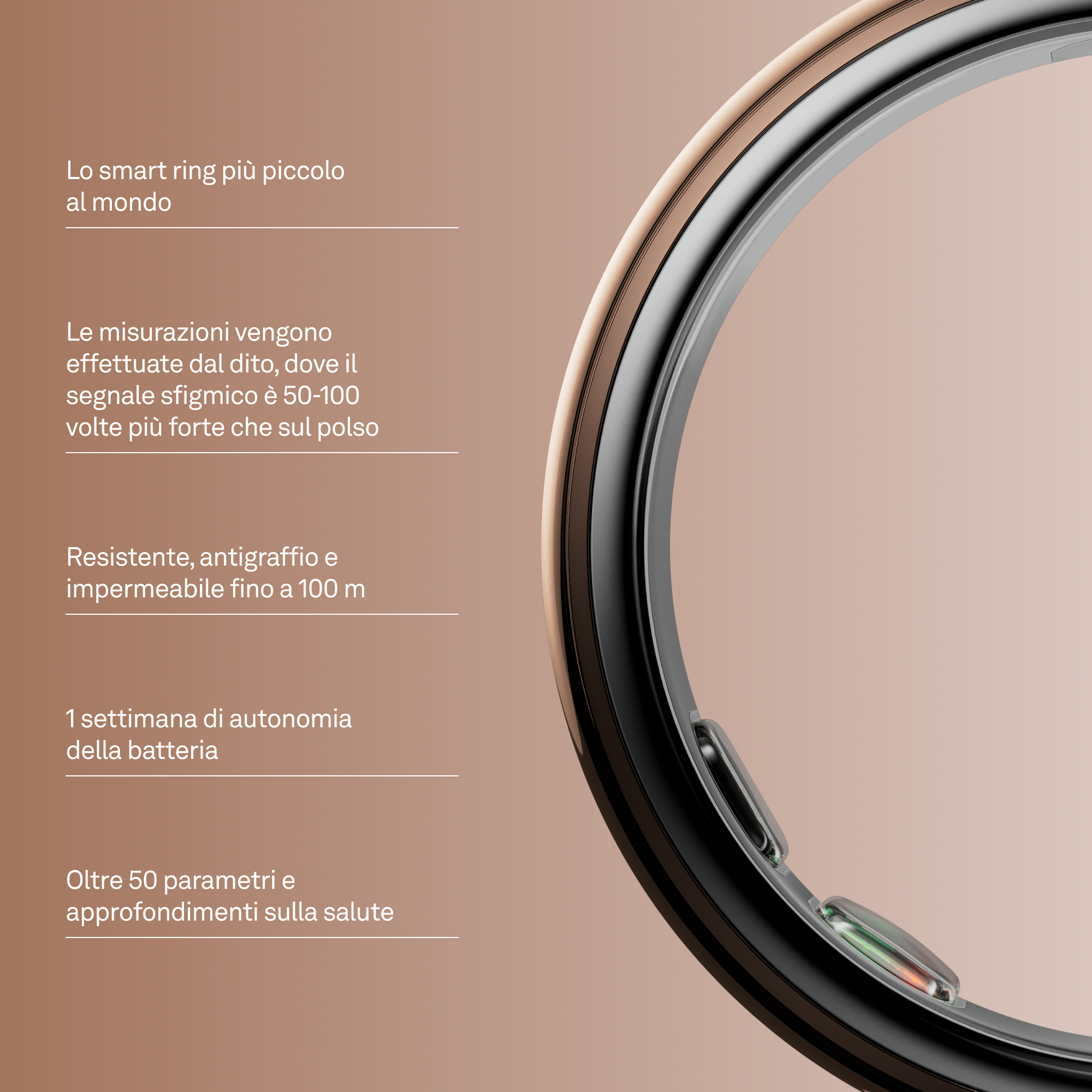 Un anello smart con accenti oro rosa e neri, che mostra le funzioni per la salute.