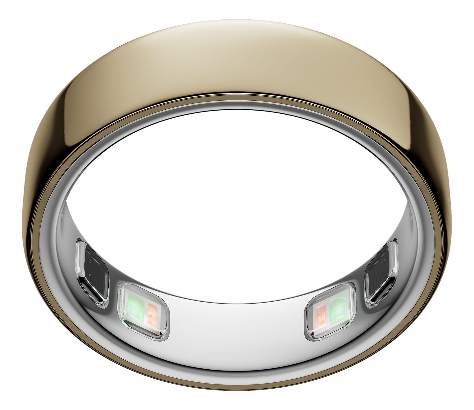 Goldener Ring mit Sensoren und Lichtern auf schwarzem Hintergrund.
