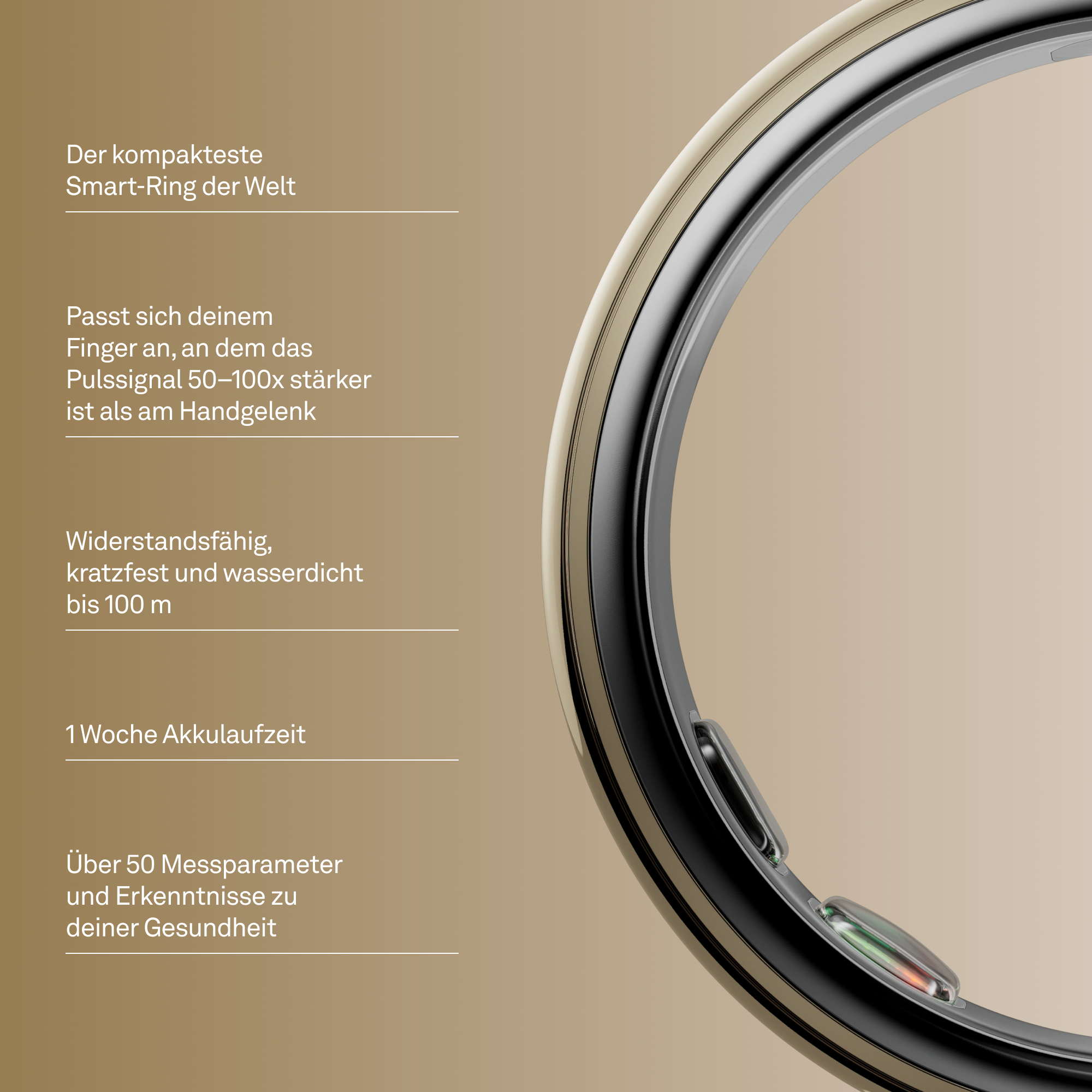 Ein goldener und silberner Smart-Ring mit Textinformationen.