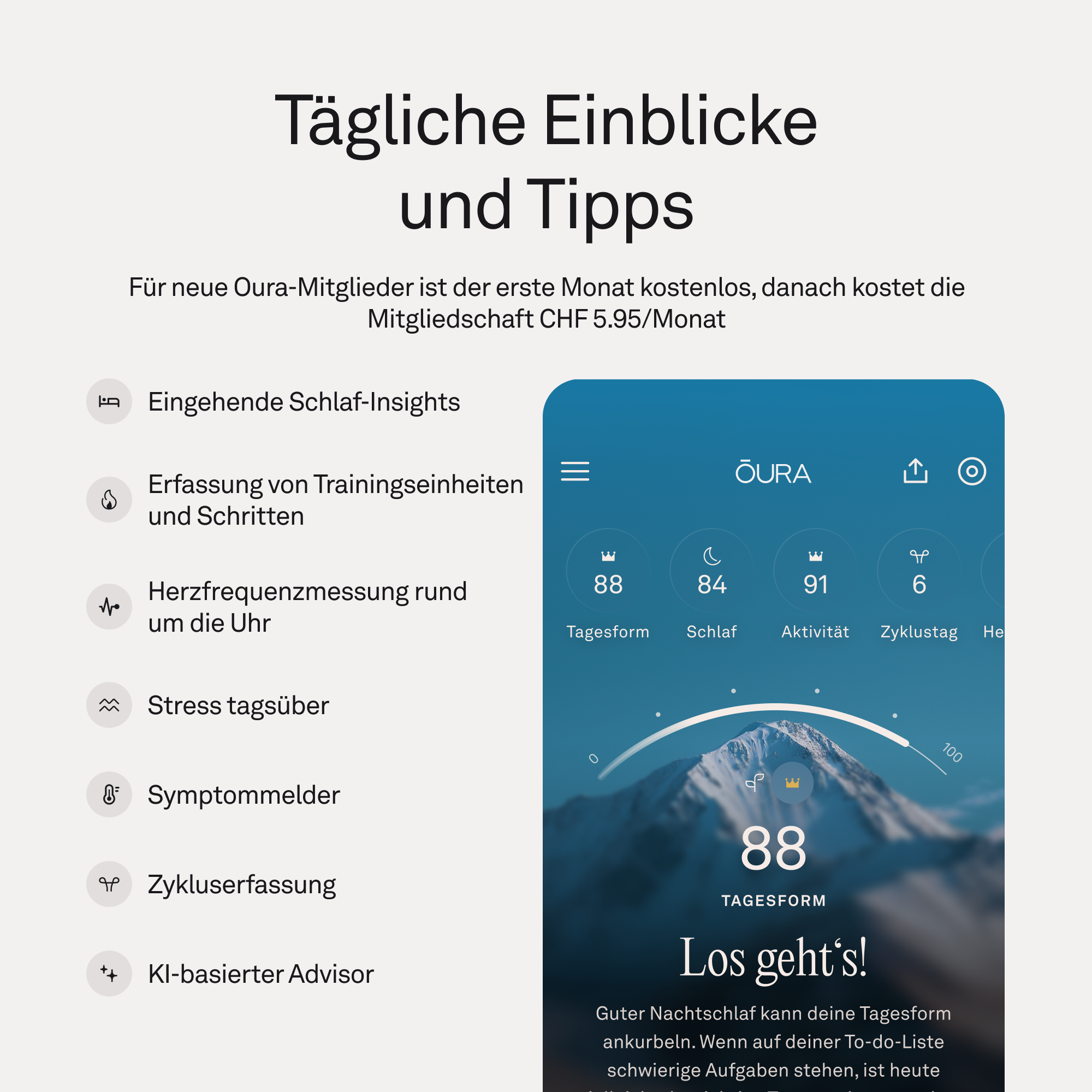 Tägliche Einblicke und Tipps: Oura App zeigt Schlaf, Aktivität & Zyklustag.