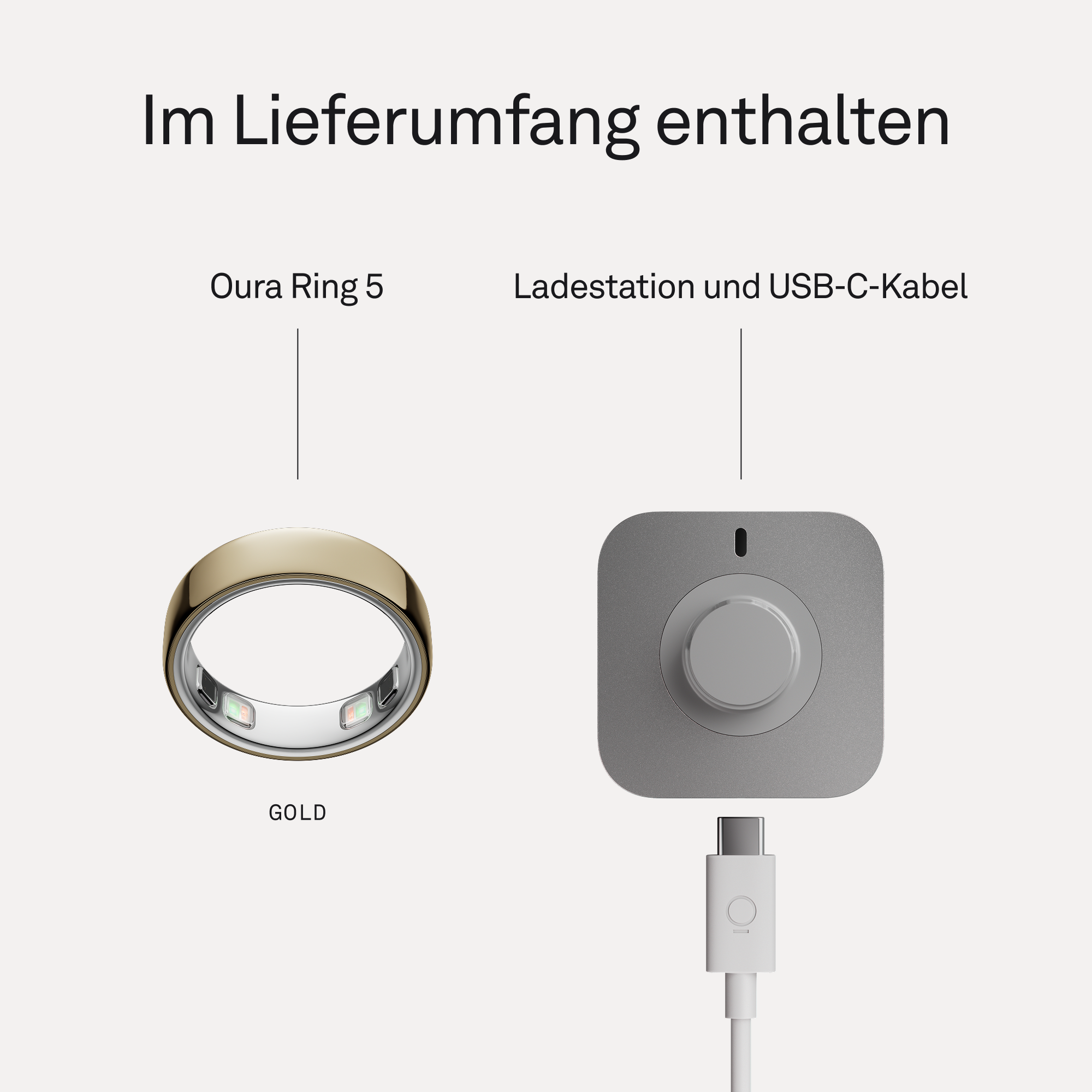 Goldener Oura Ring 5 und Ladestation mit USB-C-Kabel auf hellem Hintergrund.