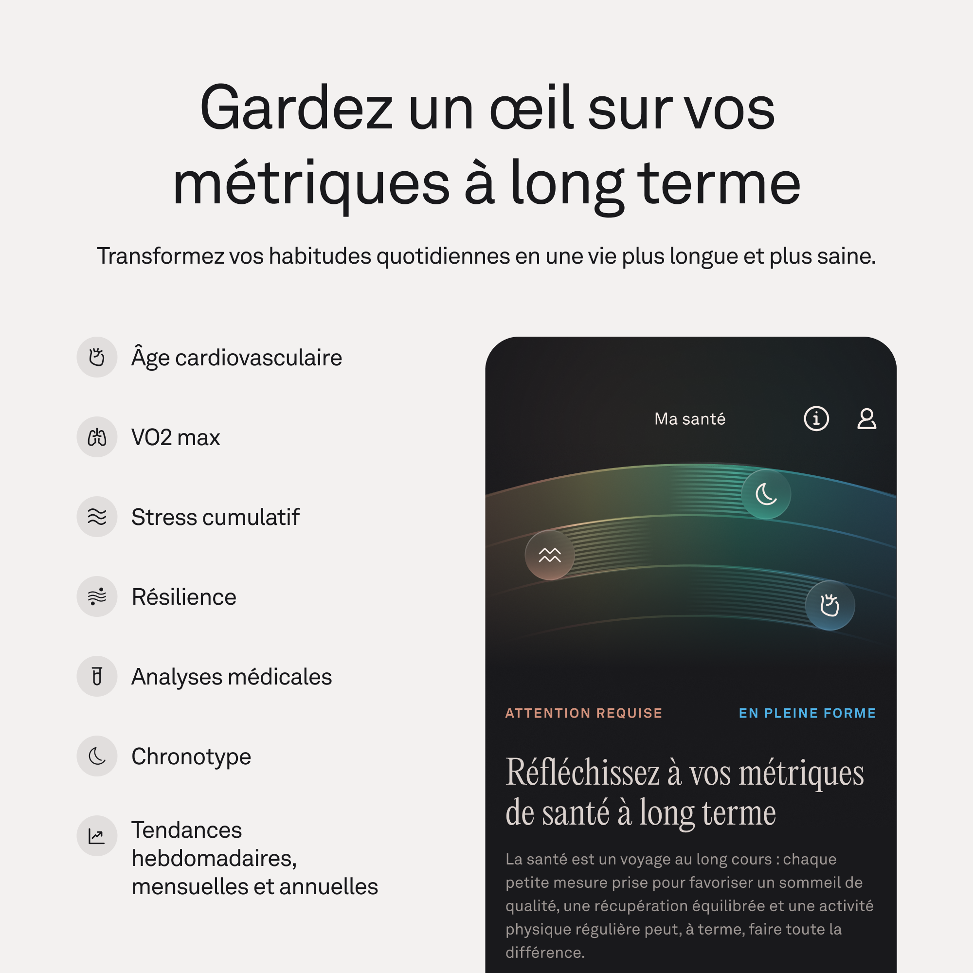 Aperçu des métriques de santé à long terme sur un téléphone.
