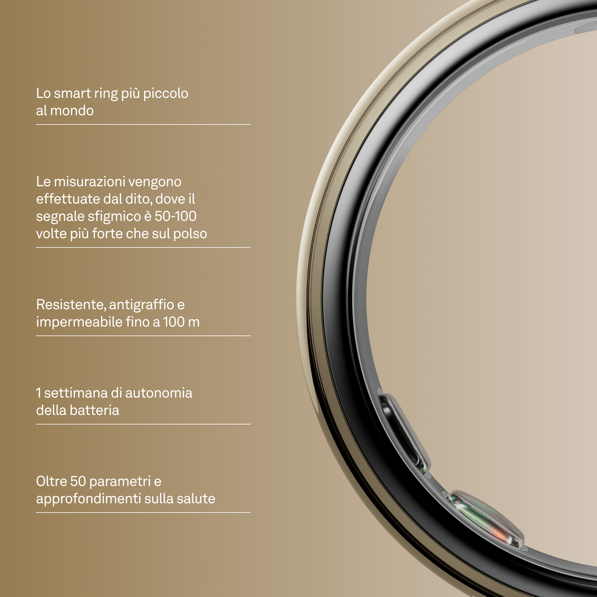 Un anello elegante con testo che descrive caratteristiche come misurazioni al dito, resistenza e durata batteria.