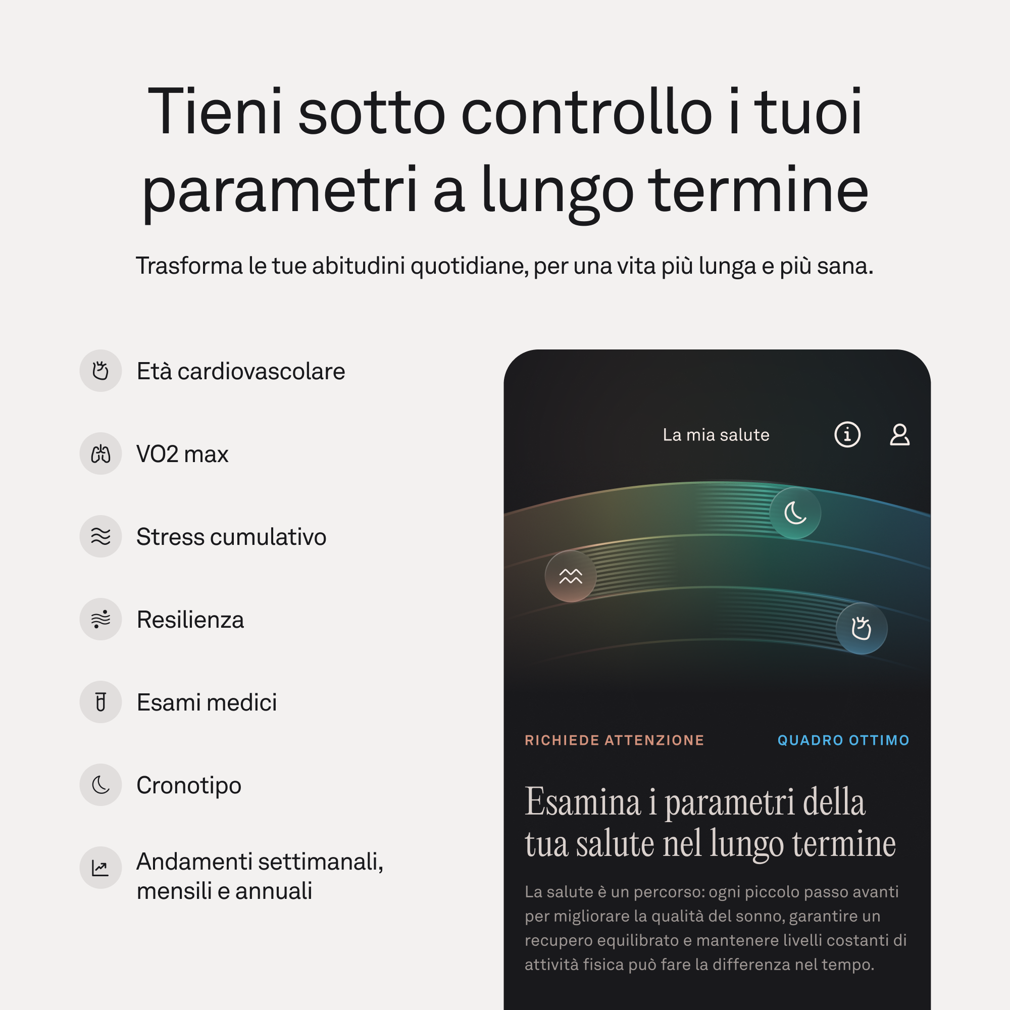 App salute con icone per età cardiovascolare, VO2 max, stress, resilienza, test, cronotipo, trend.