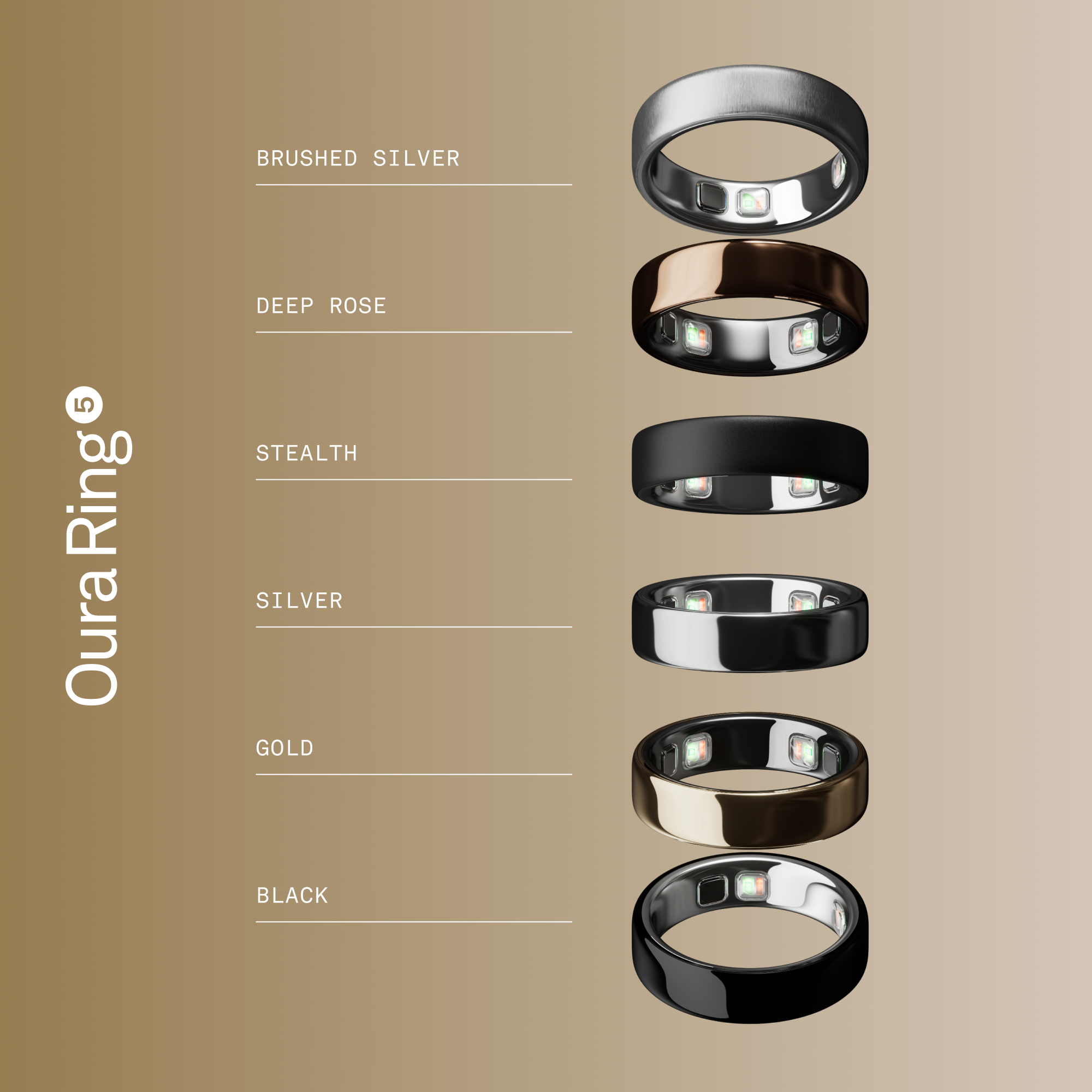 Sei anelli Oura mostrati in argento spazzolato, rosa intenso, stealth, argento, oro e nero.
