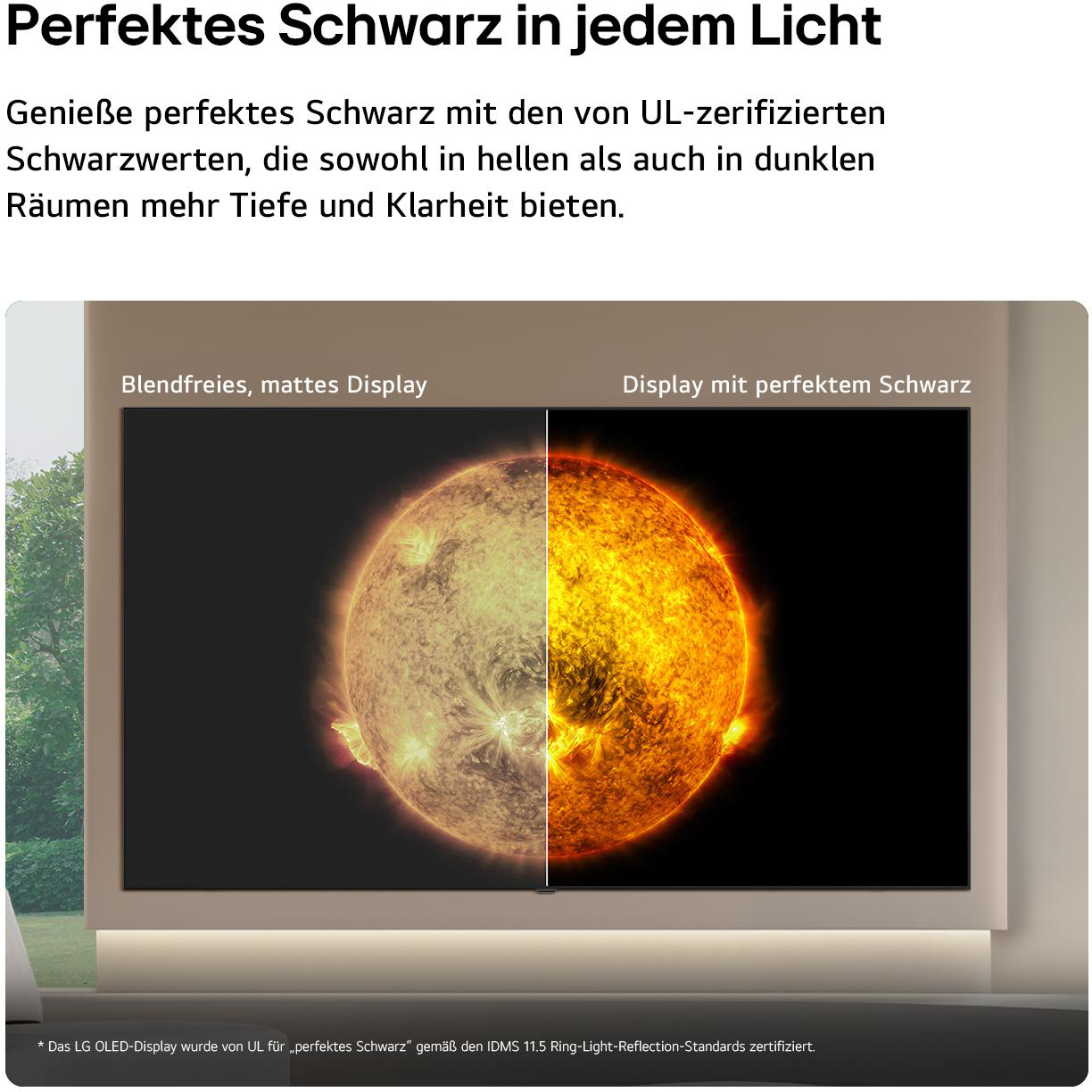 Vergleich zweier Darstellungen der Sonne: links matt, rechts mit perfektem Schwarz.