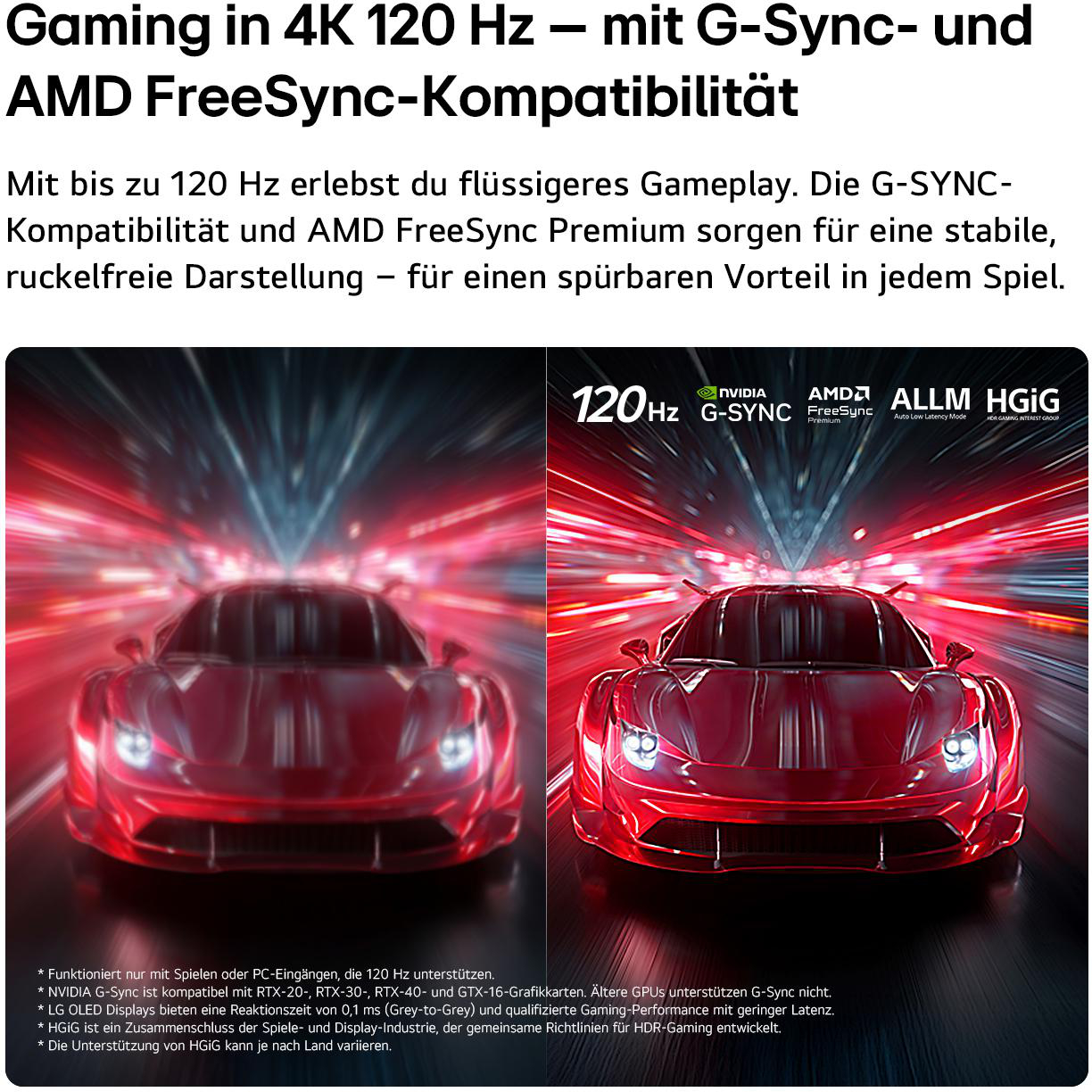 Zwei rote Sportwagen fahren auf einer leuchtenden Straße. Links und rechts Logos und 120Hz.