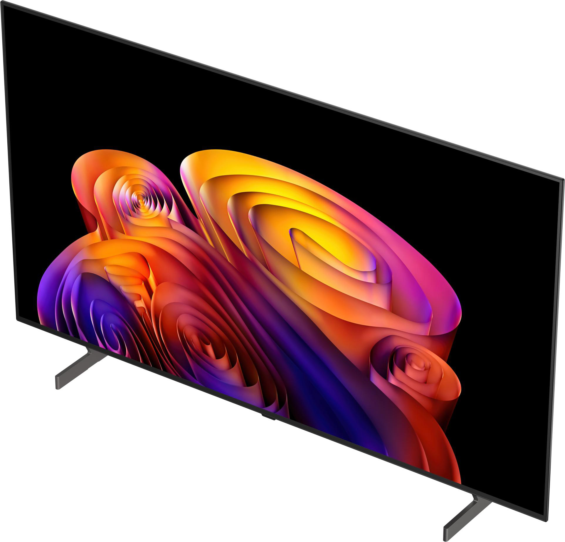 Ein moderner Fernseher zeigt ein lebendiges, abstraktes, wirbelndes Muster in Orange-, Pink- und Lilatönen.