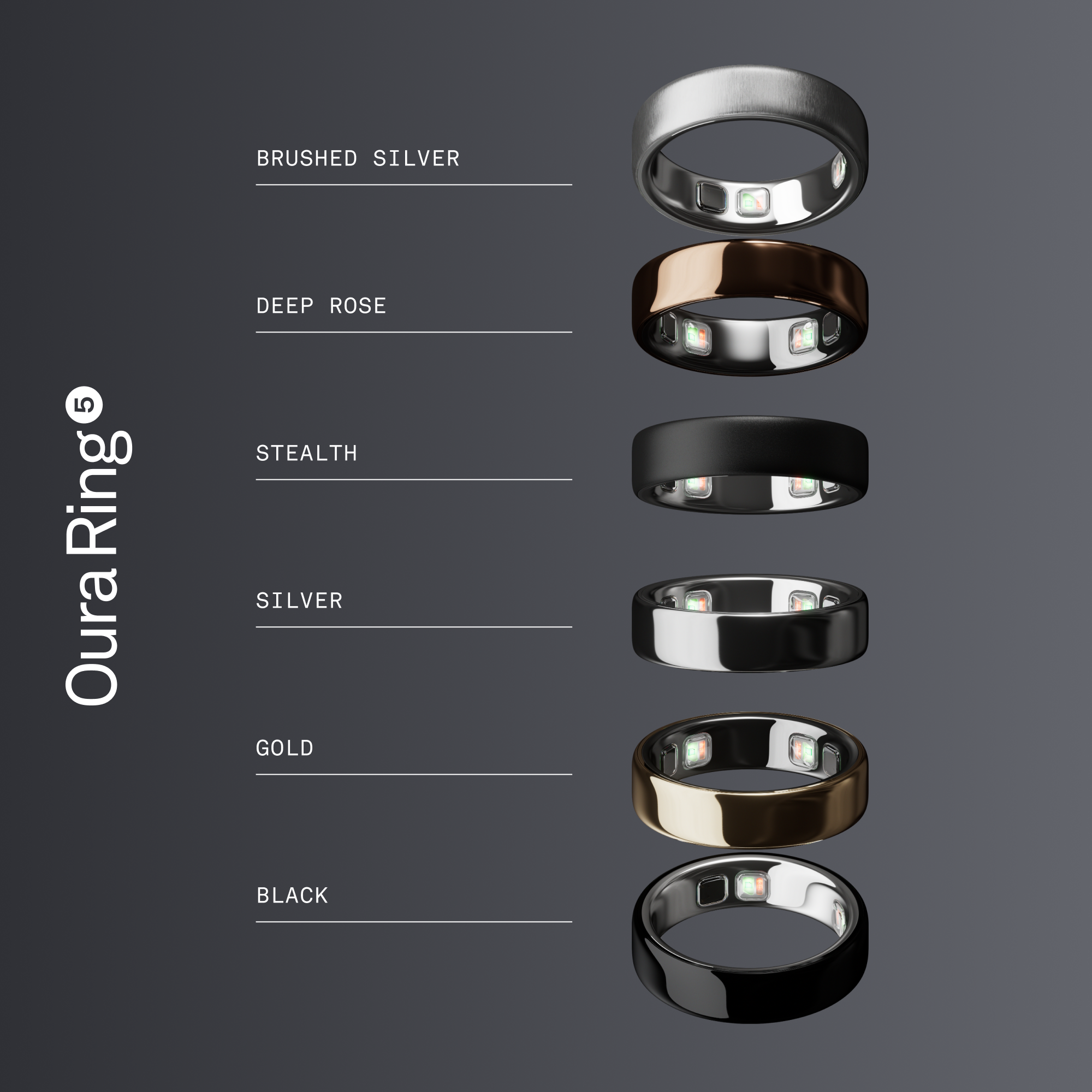 Six bagues Oura de différentes couleurs : argent brossé, rose profond, furtif, argent, or, noir.