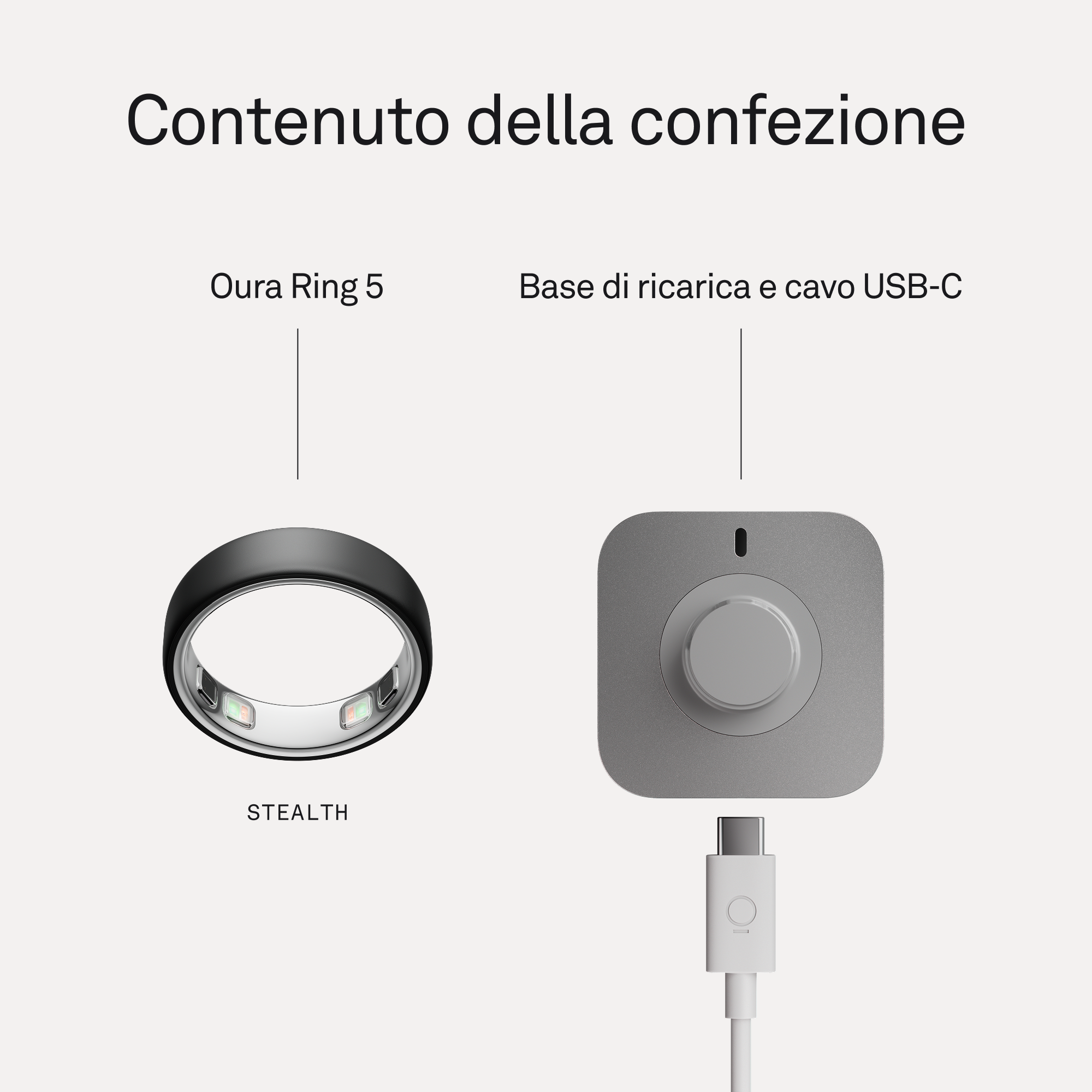 Un Oura Ring 5 nero e una base di ricarica grigia con cavo USB-C.