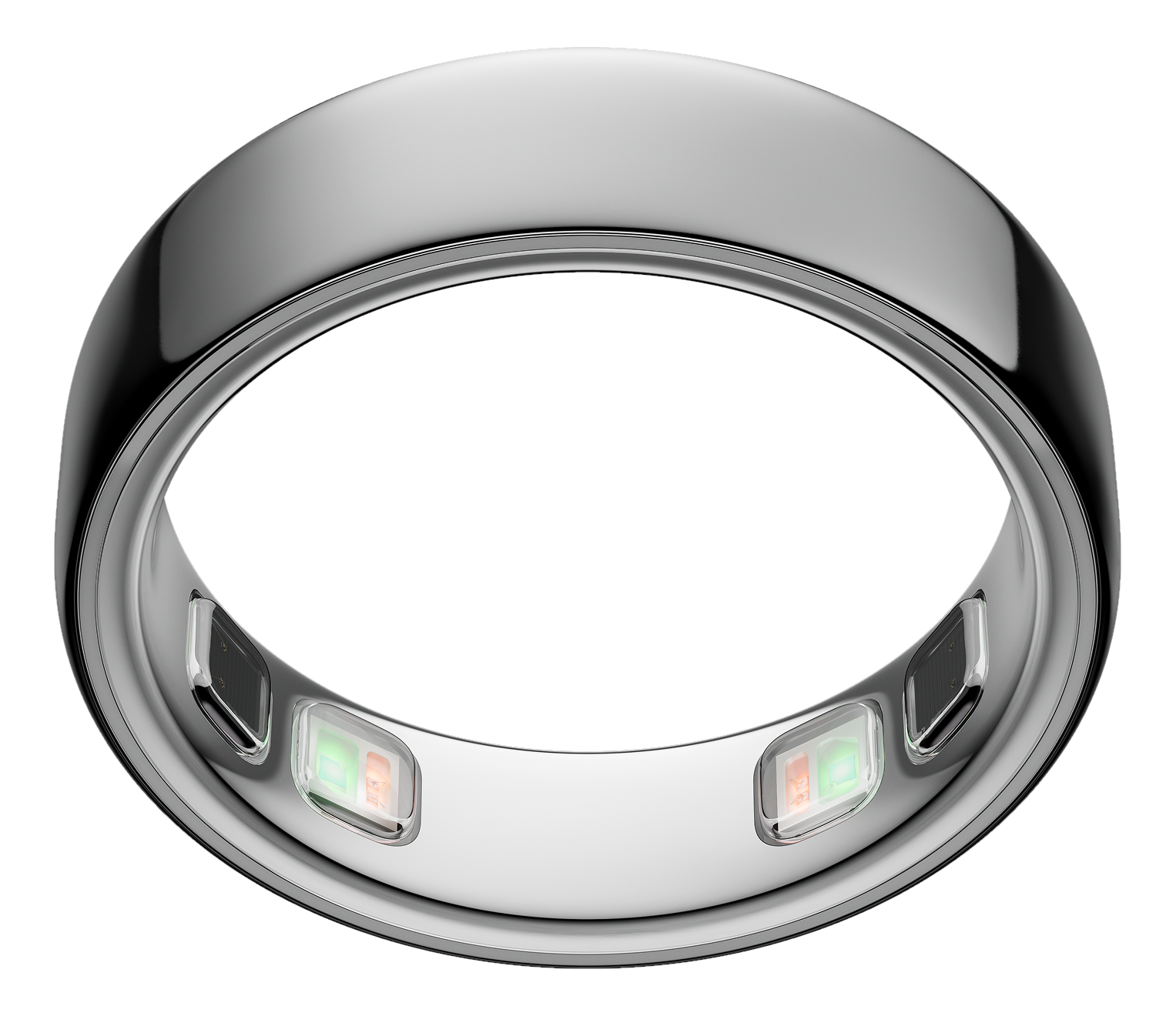 Ein glänzender silberner Ring mit kleinen Lichtern und Sensoren auf der Innenseite.