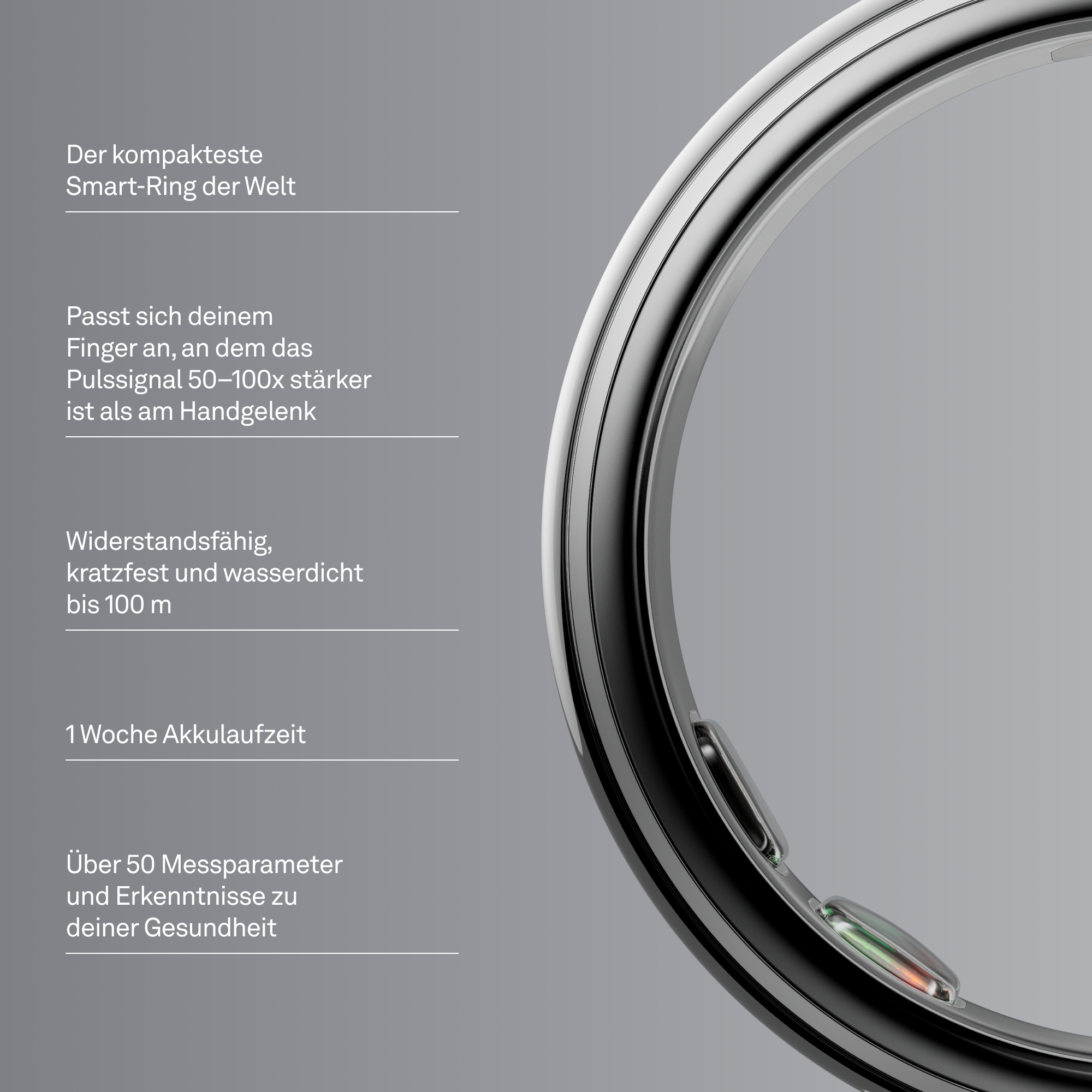 Der kompakteste Smart-Ring der Welt. Passt sich dem Finger an.