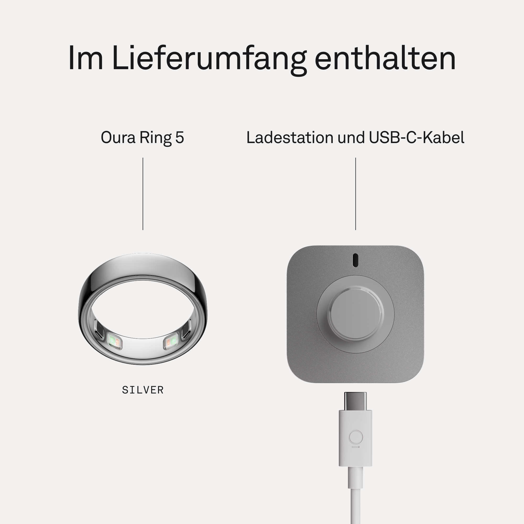Ein silberner Ring und eine graue Ladestation mit USB-C-Kabel.